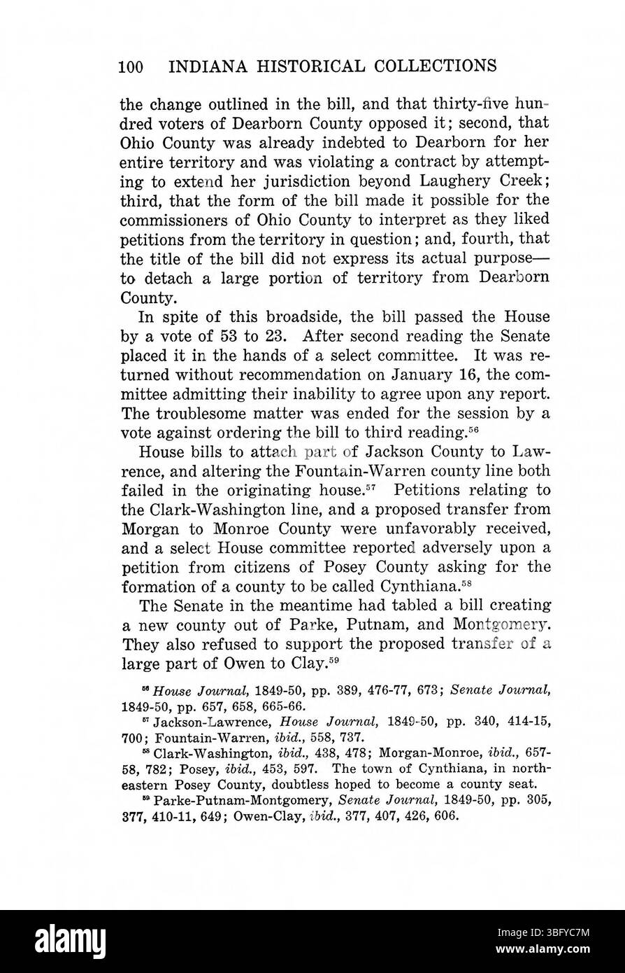 La pagina 116 della ristampa del 1967 di "Indiana Boundaries" presenta ulteriori dettagli sugli aggiustamenti territoriali dell'Indiana, comprese le mappe e le spiegazioni dei riallineamenti dei confini, insieme a un indice e riferimenti bibliografici per la ricerca. Foto Stock
