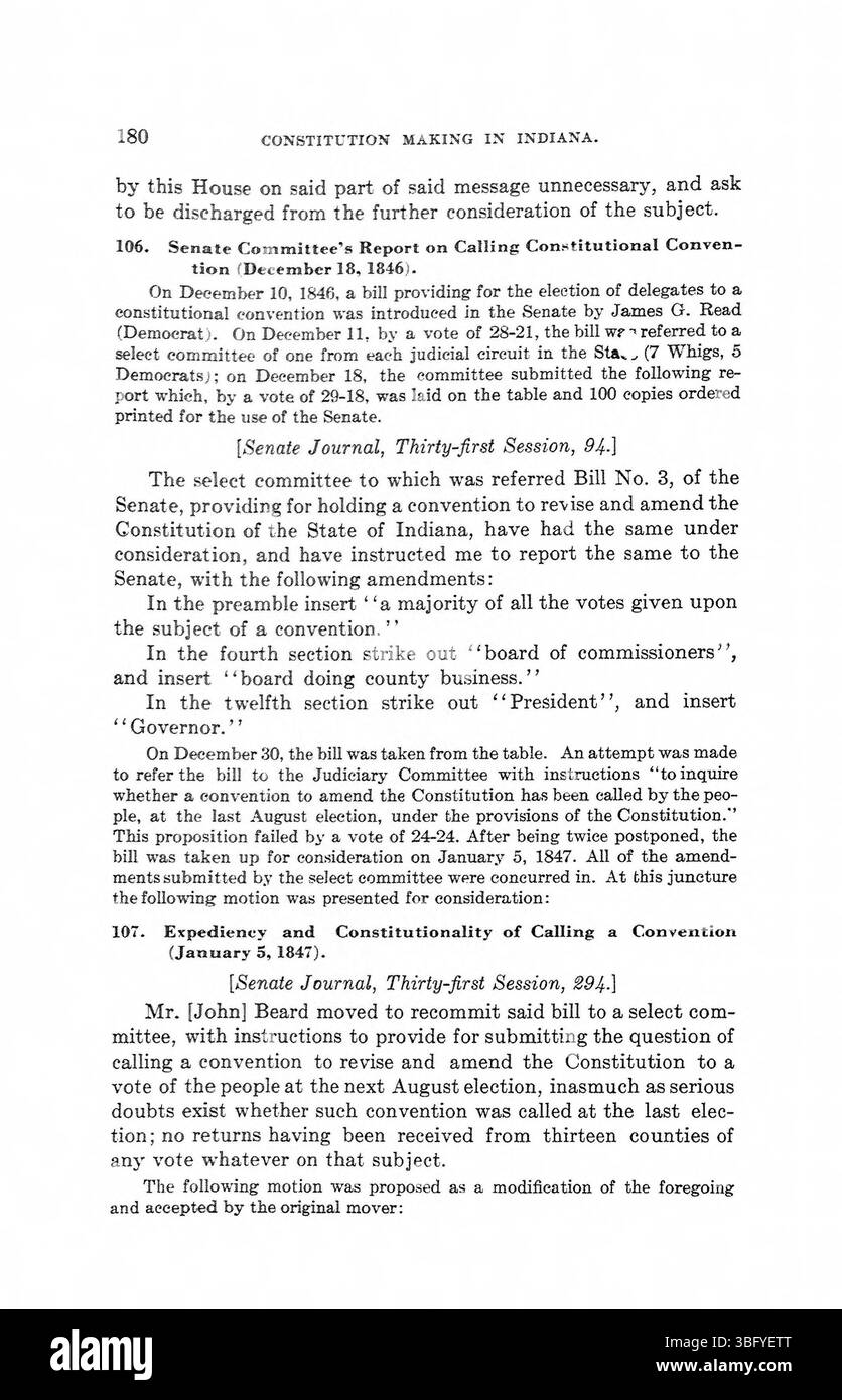 Questa pagina del volume 1 di "Constitution Making in Indiana" illustra le prime fasi dello sviluppo costituzionale dell'Indiana, evidenziando le discussioni legali e le decisioni chiave prese nel 1816. Foto Stock