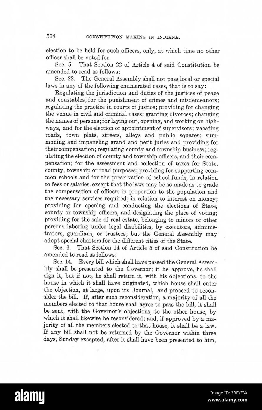 La pagina 584 del volume 2 di *Constitution Making in Indiana* descrive in dettaglio i dibattiti e le risoluzioni finali su questioni che hanno plasmato il quadro giuridico dello Stato, compreso il ruolo del potere giudiziario e degli organi legislativi. Foto Stock