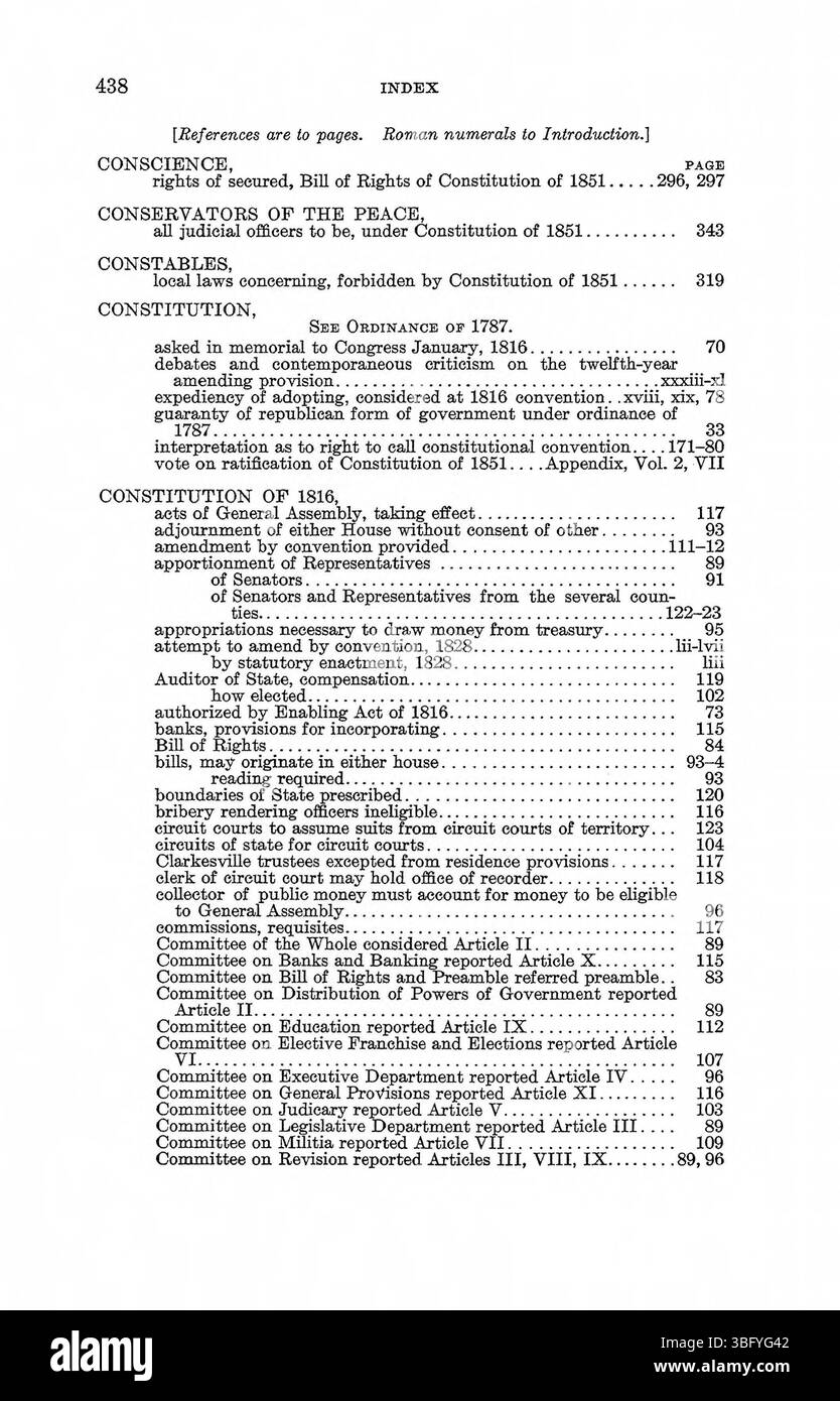 Questa parte di "Constitution Making in Indiana" (1971) continua a evidenziare il processo storico dietro la stesura della costituzione statale, con un focus sull'influenza di varie ideologie politiche durante il periodo di formazione dello stato. Foto Stock