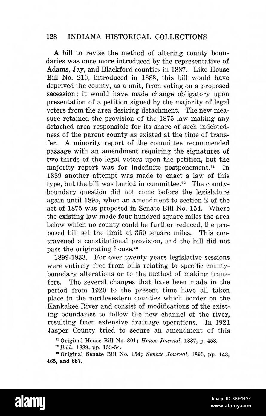 La pagina 144 della pubblicazione del 1967 "Indiana Boundaries" ristampata dall'Indiana Historical Bureau fornisce resoconti dettagliati delle definizioni dei confini dello Stato e dei cambiamenti storici nel tempo. Include un indice completo e riferimenti bibliografici. Foto Stock