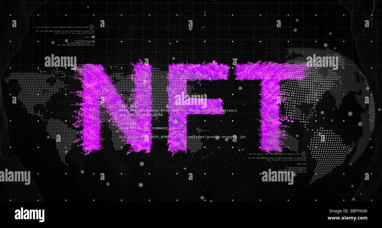 Immagine di mappa del mondo, globo e nft su sfondo nero Foto Stock