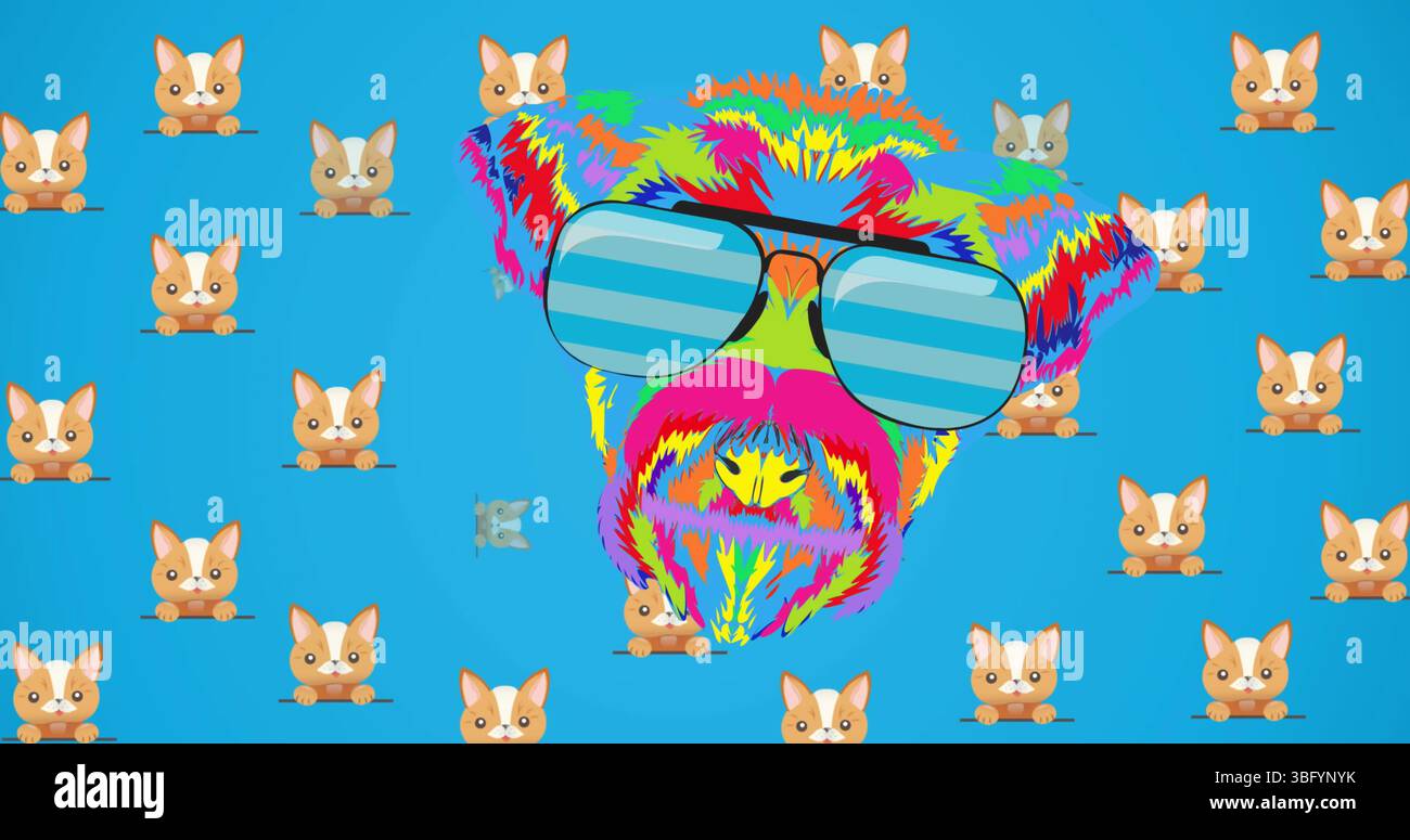 Immagine di gatti sopra un cane colorato con occhiali su sfondo blu Foto Stock
