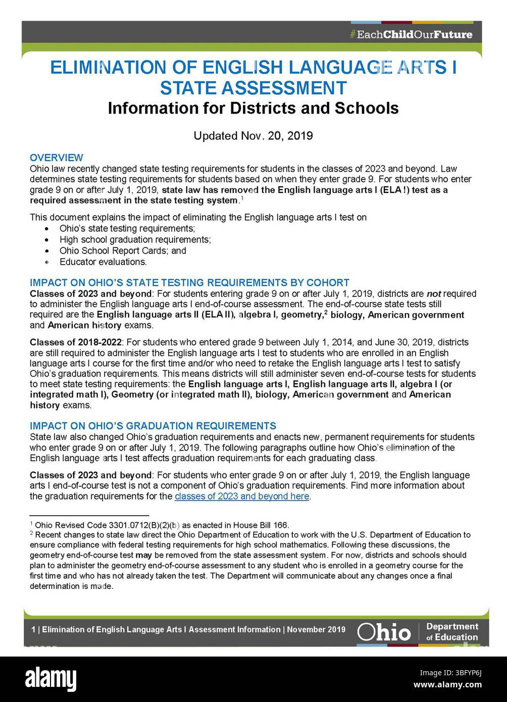 Questo documento fornisce informazioni ai distretti scolastici e alle scuole sull'eliminazione della valutazione statale English Language Arts I. Aggiornato nel novembre 2019, esamina l'impatto di questo cambiamento sulle valutazioni educative e delinea le misure necessarie per l'attuazione. Foto Stock