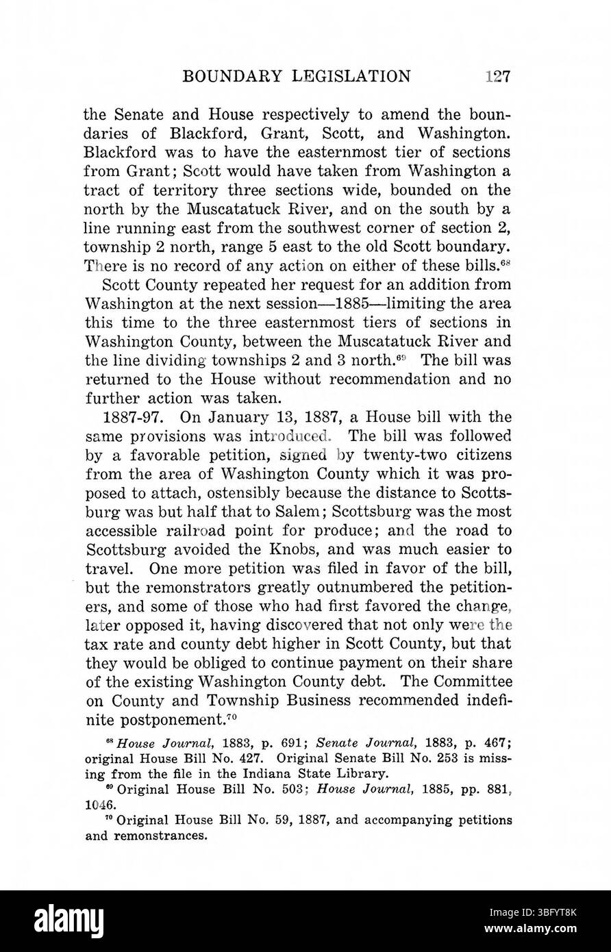 Pagina 143 dell'edizione del 1967 "Indiana Boundaries", ristampata dall'Indiana Historical Bureau, continua la discussione sui confini storici dello stato, offrendo analisi dettagliate e documentazione sui cambiamenti di confine e sugli eventi politici. Foto Stock