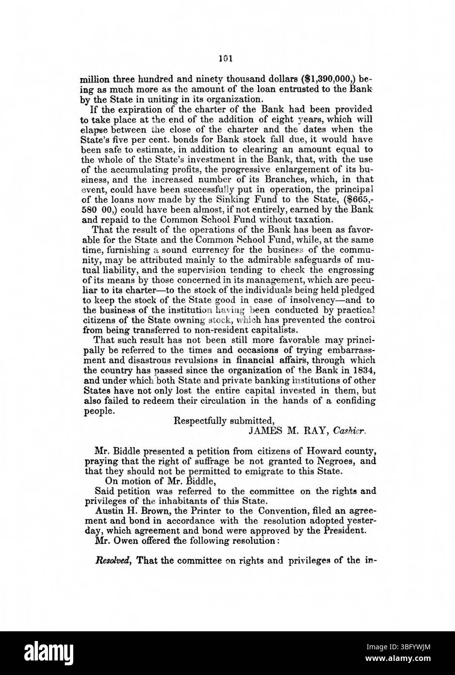 Pagina 102 del 1850 Journal of the Convention of the People of the State of Indiana to Modification the Constitution (1936) registra il processo di voto su emendamenti chiave, tra cui l'approvazione e il rifiuto di proposte specifiche. Foto Stock