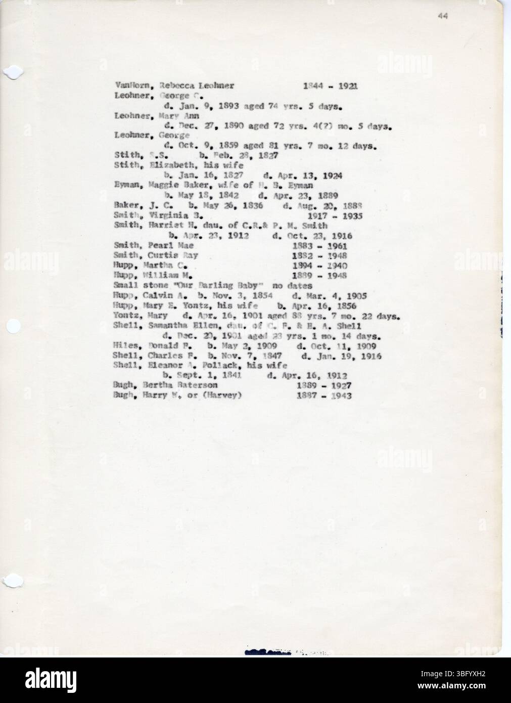 Una pagina da una raccolta di dischi del cimitero del 1966 della contea di Fairfield, Ohio, che documenta le iscrizioni in lapide registrate nel 1963 da D. W. Denton. Comprende vari cimiteri cittadini. Foto Stock