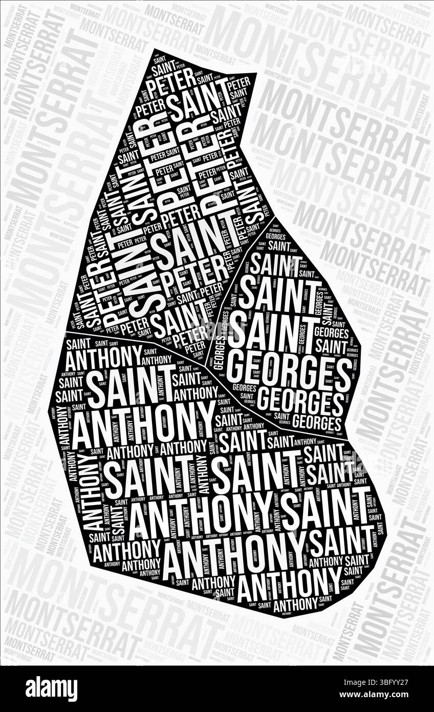 Montserrat regioni mappa Word cloud. Nomi della regione di Montserrat. Design della mappa in bianco e nero. Incredibile illustrazione vettoriale. Illustrazione Vettoriale