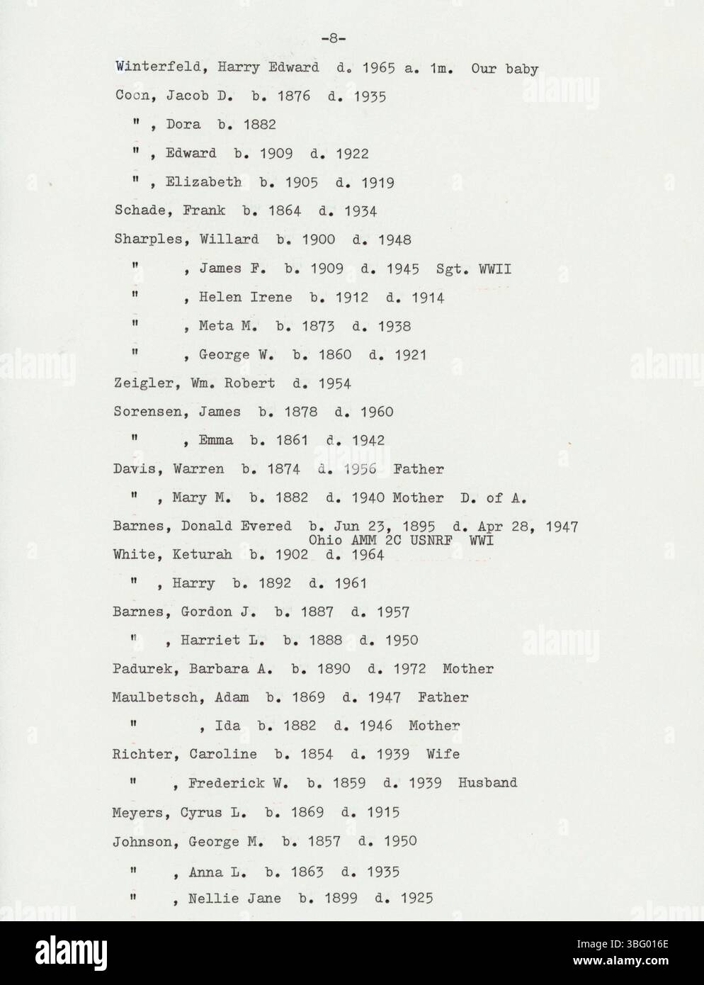 Questa è una lista scritta a macchina di iscrizioni in lapide registrate dalla Northwestern Ohio Genealogical Society nel cimitero di Sharples, Harding Township, Ohio. Foto Stock