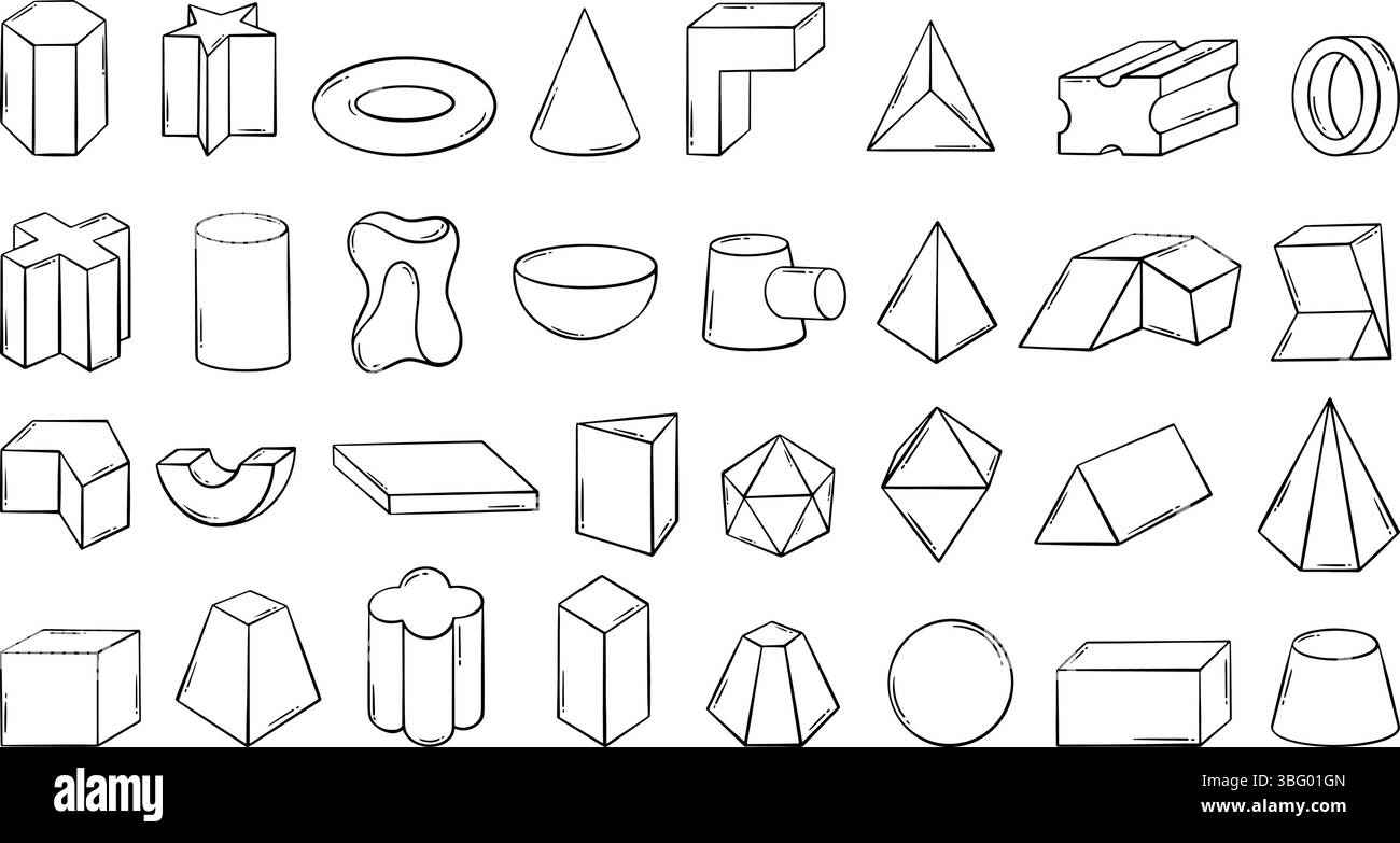 Doodle elementi geometrici 3D. Disegnare forme geometriche, poliedro cilindrico sferico a forma di cubo piramidale. Materiale didattico per la lezione scolastica, vettore neoterico Illustrazione Vettoriale