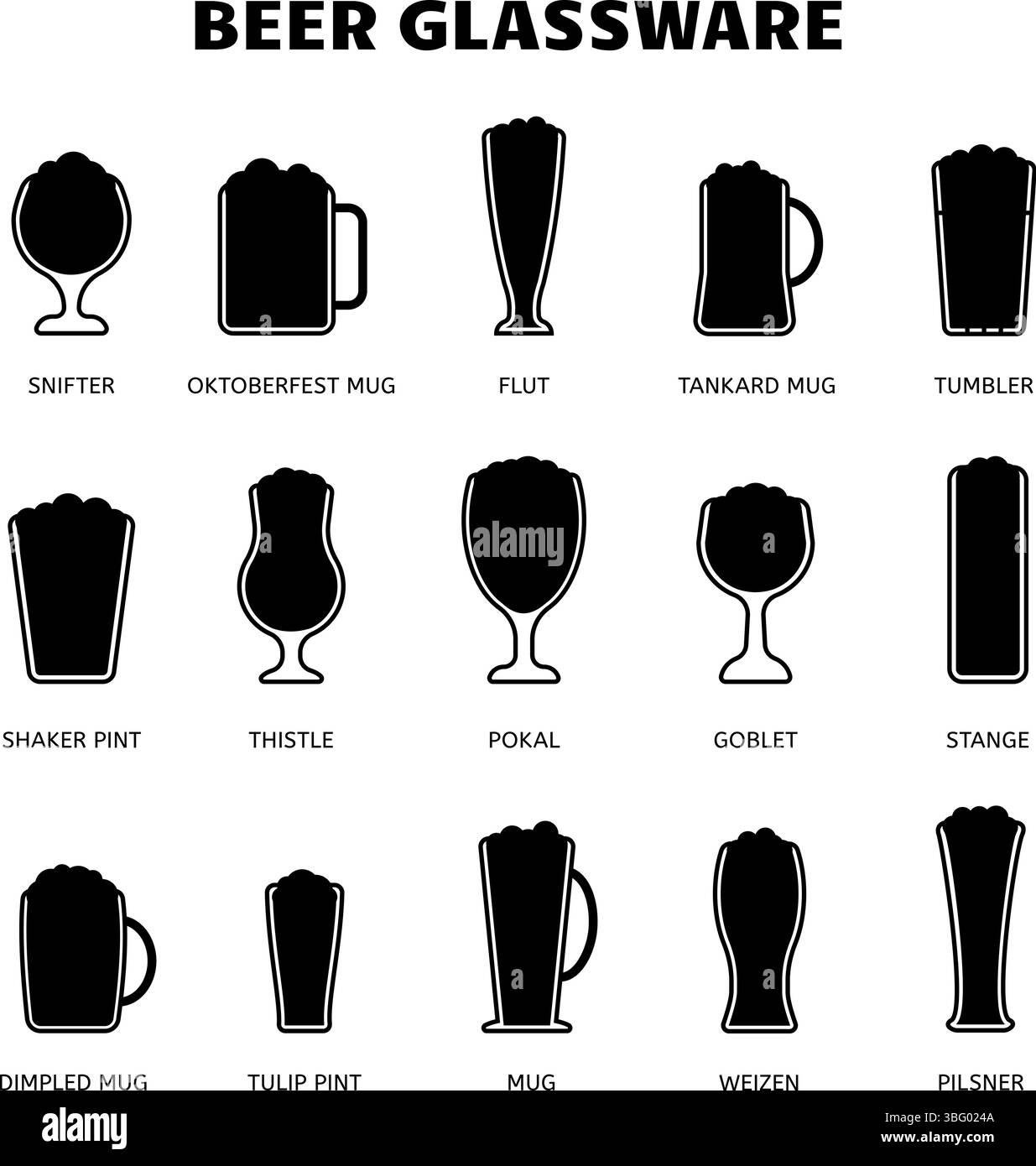 Icone delle silhouette nere della vetreria da birra. Adesivi isolati con birra, simboli delle bevande dei pub. Diversi tipi di occhiali, elementi vettoriali per la progettazione Illustrazione Vettoriale