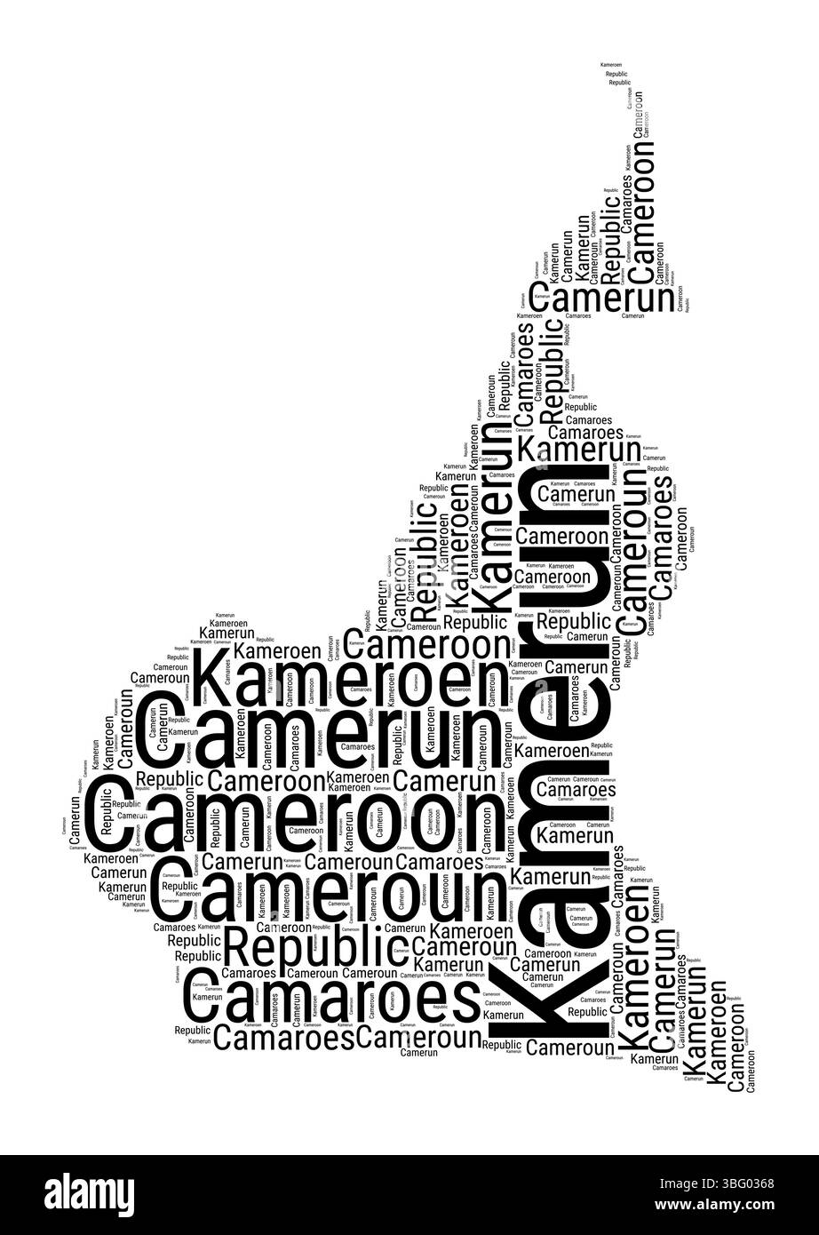 Nuvola di parole in bianco e nero in forma camerunese. Semplice illustrazione del paese in stile tipografico. Nuvola di testo nera in Camerun su sfondo bianco. Illustrazione Vettoriale