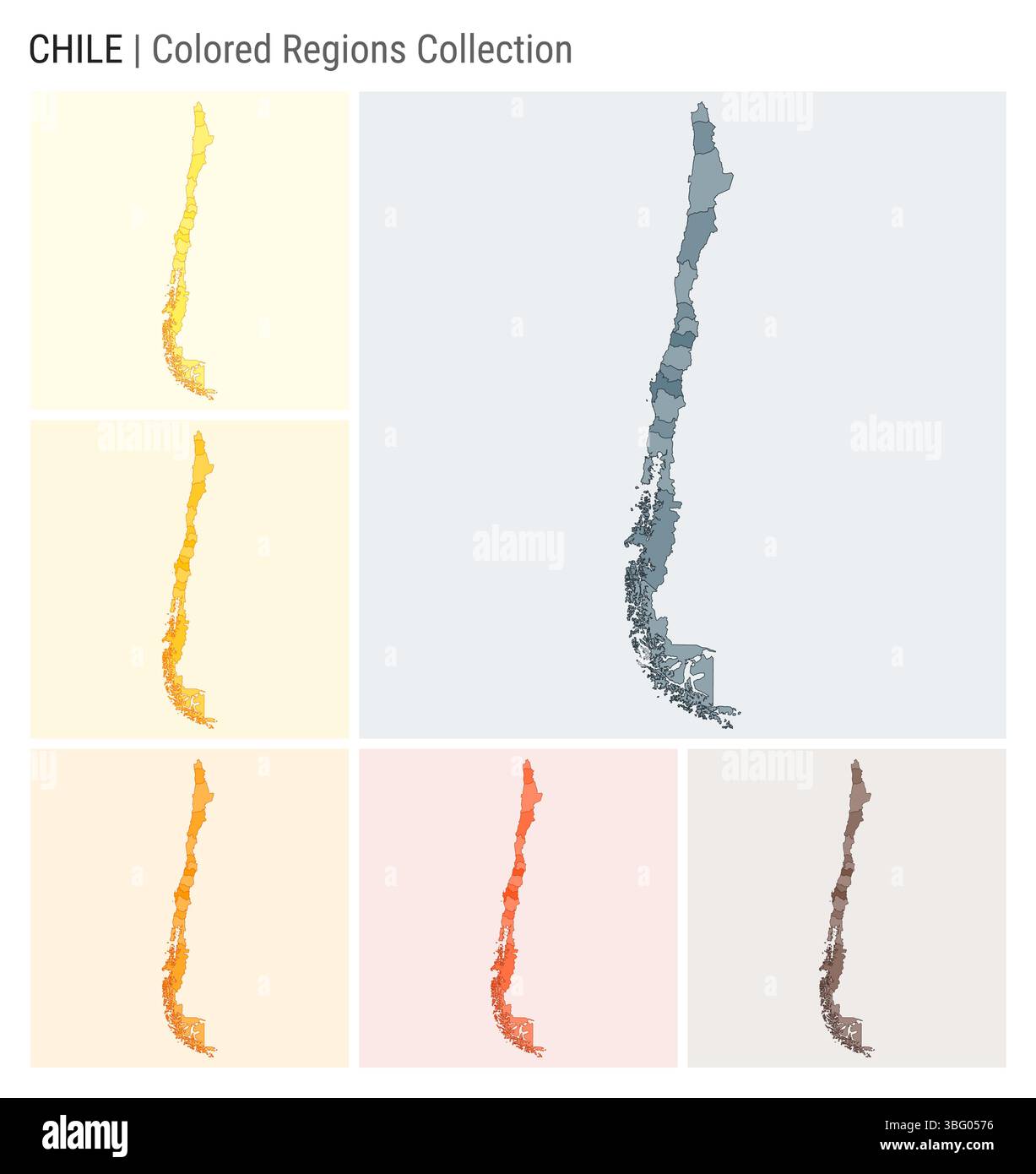 Collezione di mappe del Cile. Forma del paese con regioni colorate. Blu, grigio, giallo, ambra, arancione, tavolozze di colore arancione intenso, marrone. Illustrazione Vettoriale