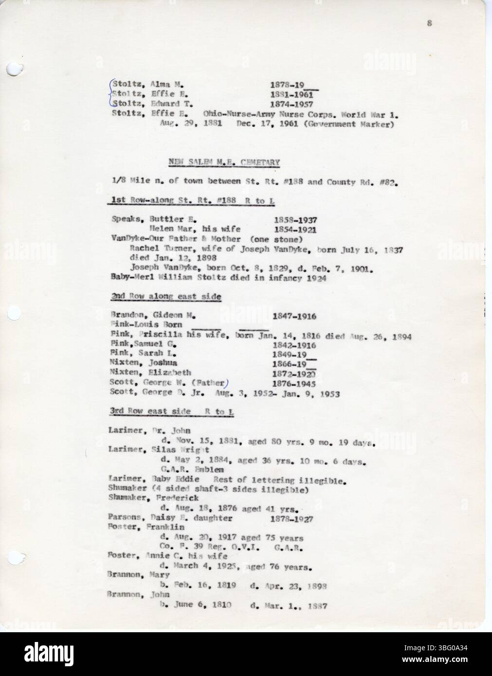 Questa raccolta, registrata da D. W. Denton nel 1963, copre iscrizioni al cimitero della contea di Fairfield, Ohio. I cimiteri inclusi sono Keller, Stevenson's, Reid-Stoltz-Saum, New Salem M. E., Methodist Protestant e Small Family. Questi cimiteri si trovano a Pleasant, Richland, Walnut e Violet Townships. Fa parte della serie "Early Vital Records of Ohio" di The Daughters of the American Revolution. Foto Stock