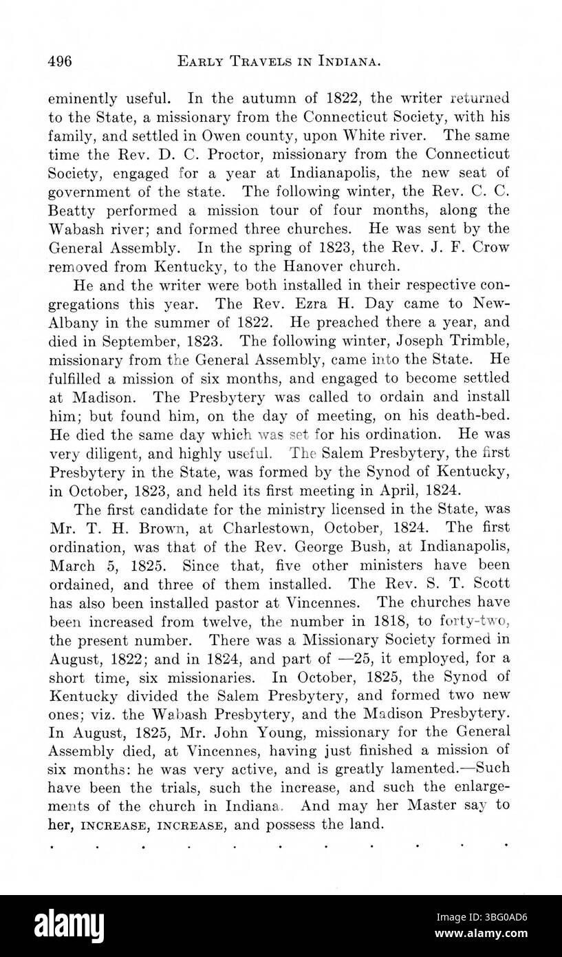 Questa pagina di "Indiana come visto dai primi viaggiatori" contiene scritti storici sulla topografia e il clima dell'Indiana di autori come George Imlay, John Melish e Morris Birkbeck. Include registrazioni di viaggio dal 1778 al 1817, che offrono informazioni sui primi insediamenti e la geografia della regione. Foto Stock