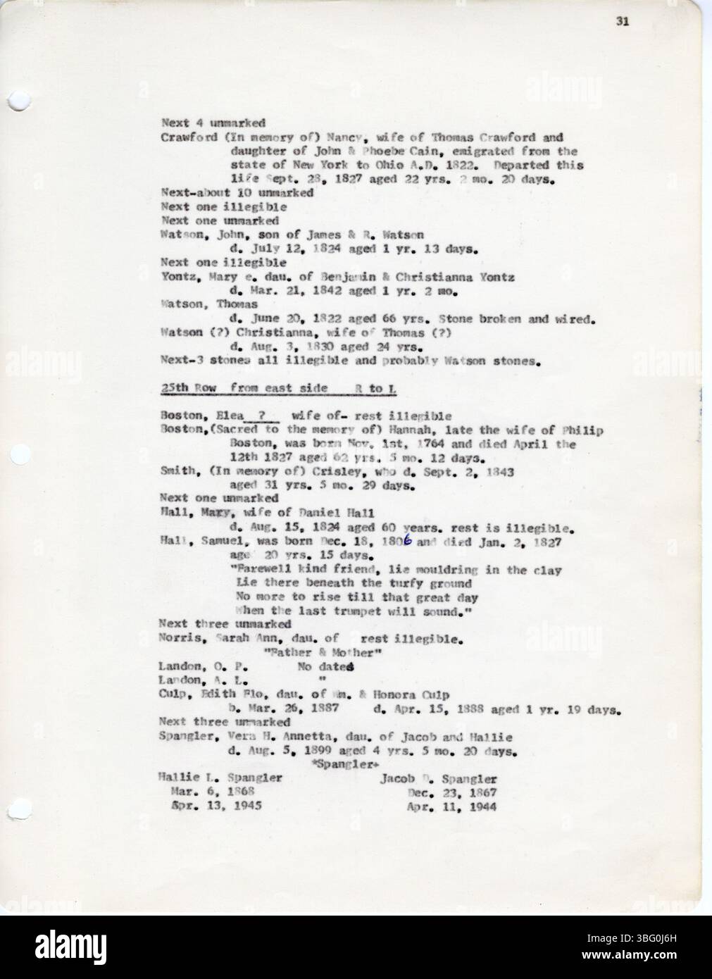 Questo rapporto del 1963, compilato da D.W. Denton, contiene iscrizioni al cimitero della contea di Fairfield, Ohio, tra cui diversi cimiteri come il Keller Cemetery in Pleasant Township e il Small Family Cemetery in Violet Township. Fa parte della prima serie Vital Records of Ohio di The Daughters of the American Revolution. Foto Stock