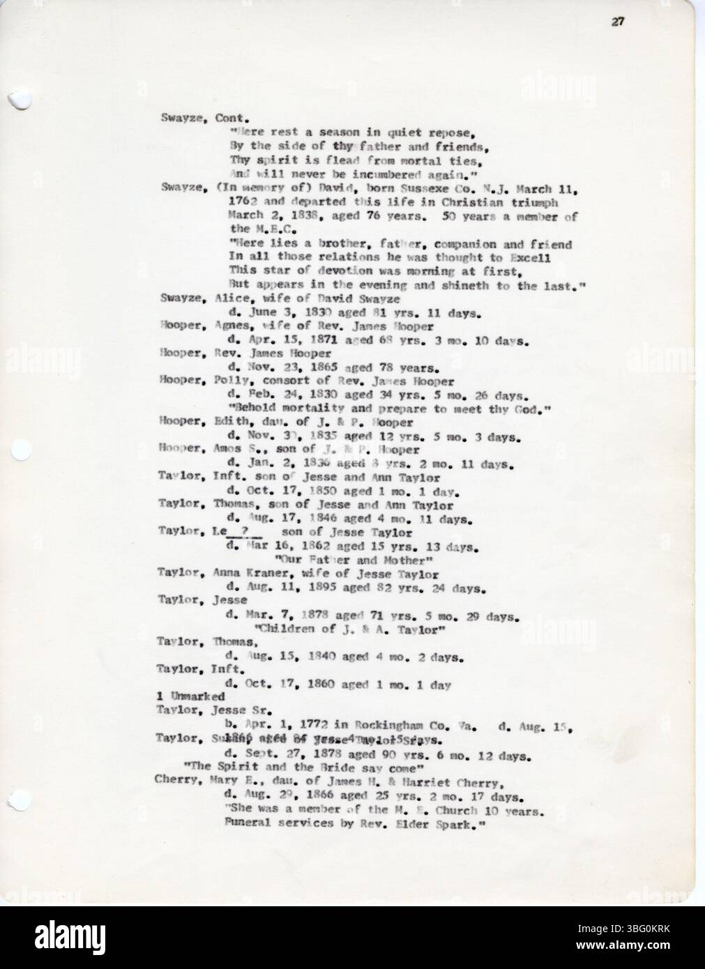 Questa raccolta di iscrizioni del cimitero della contea di Fairfield, Ohio, fu registrata da D.W. Denton tra il 20 aprile e il 6 dicembre 1963. Comprende cimiteri come il Keller Cemetery in Pleasant Township, il Stevenson's Cemetery in Richland Township e altri. Fa parte della prima serie Vital Records of Ohio di The Daughters of the American Revolution. Foto Stock