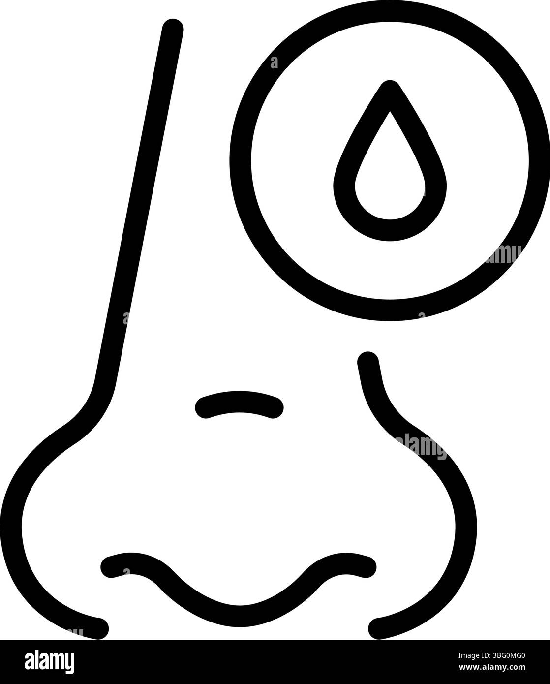 Icona profilo naso runny. Sintomo sinusite, Snot, allergia o pittogramma freddo. Sanguinamento nasale, icona del muco nasale. Illustrazione della linea vettoriale isolata. Illustrazione Vettoriale