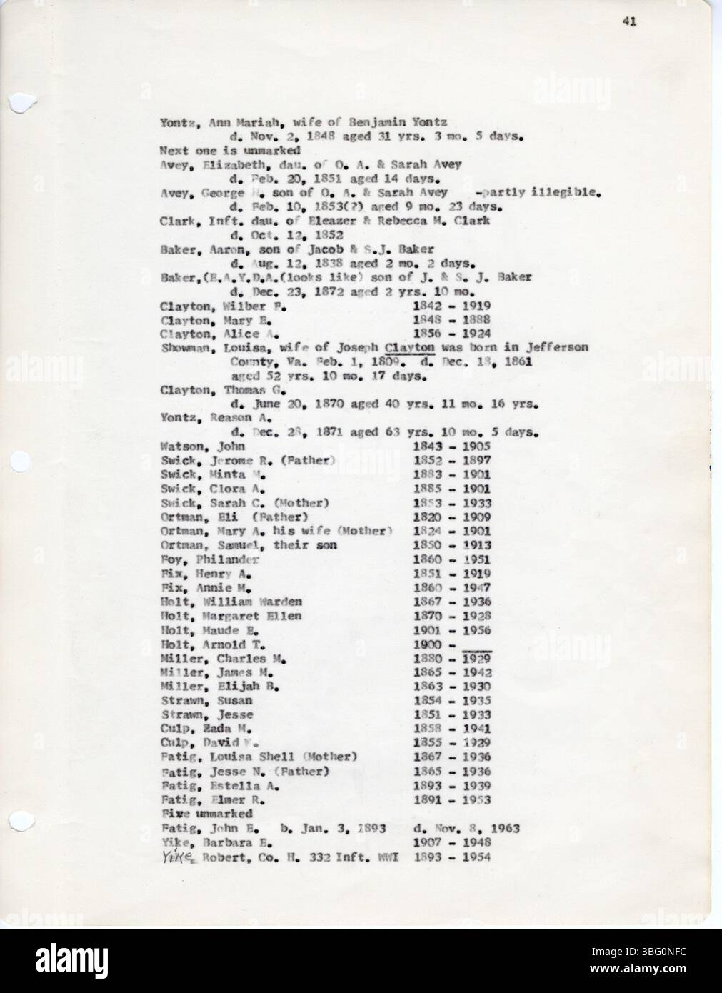 Parte di una raccolta del 1966 di D. W. Denton, questo disco elenca iscrizioni al cimitero di vari cimiteri della contea di Fairfield, Ohio, sulla base dei dati raccolti nel 1963, inclusi quelli di Pleasant, Richland, Walnut e Violet Townships. Foto Stock