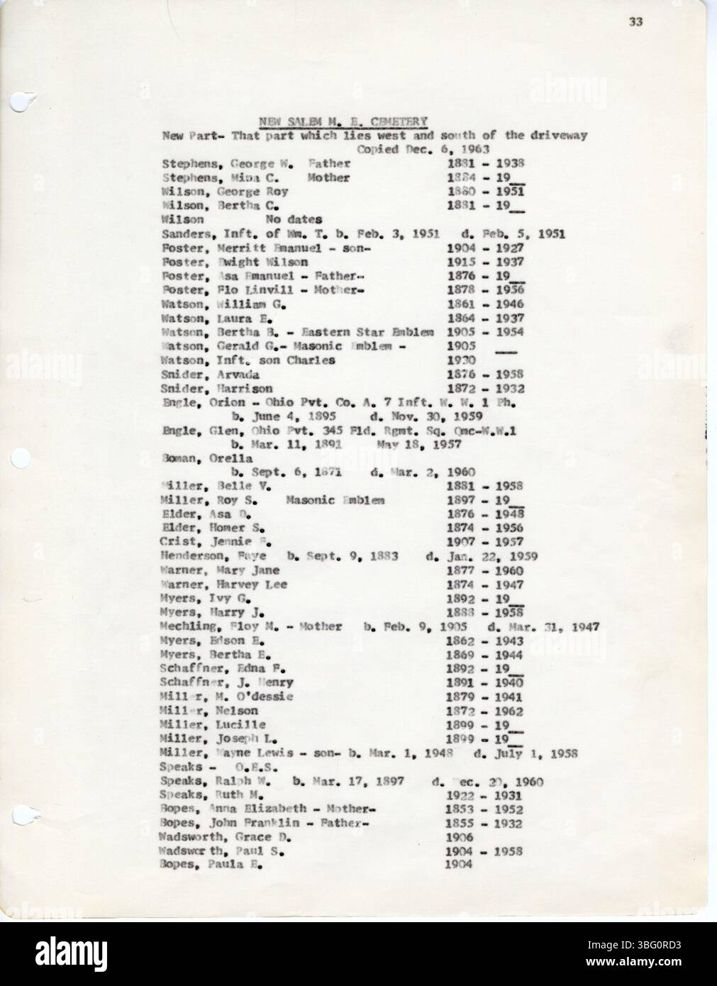 Le iscrizioni del cimitero del 1963 provenienti dalla contea di Fairfield, Ohio, compilate da D.W. Denton, documentano diversi cimiteri locali. Questo rapporto include il cimitero di Keller, il cimitero di Reid-Stoltz-Saum e altri. Fa parte della prima serie Vital Records of Ohio di The Daughters of the American Revolution. Foto Stock