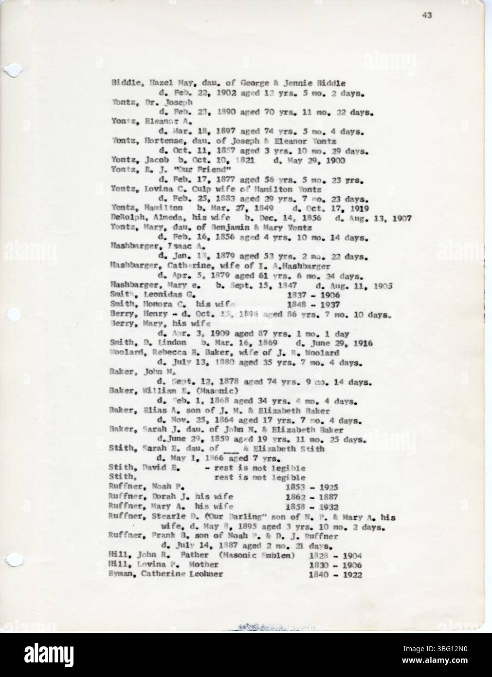 Un record di iscrizioni al cimitero compilato da D. W. Denton nel 1966, che descriveva le tombe nella contea di Fairfield, Ohio, da dati raccolti tra aprile e dicembre 1963. Comprende vari cimiteri cittadini. Foto Stock