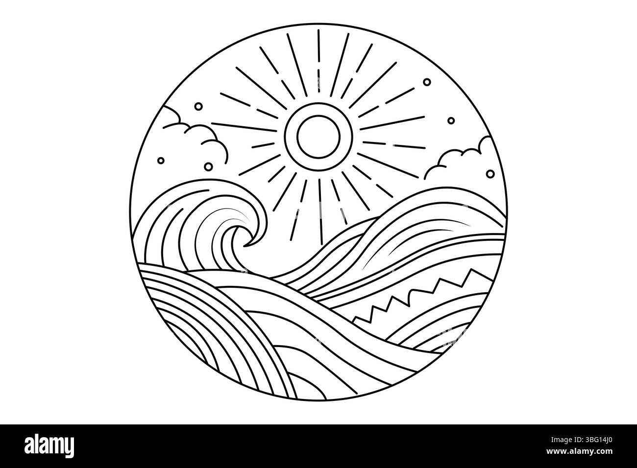 Tramonto, disegno continuo di una linea di splendidi paesaggi Illustrazione Vettoriale