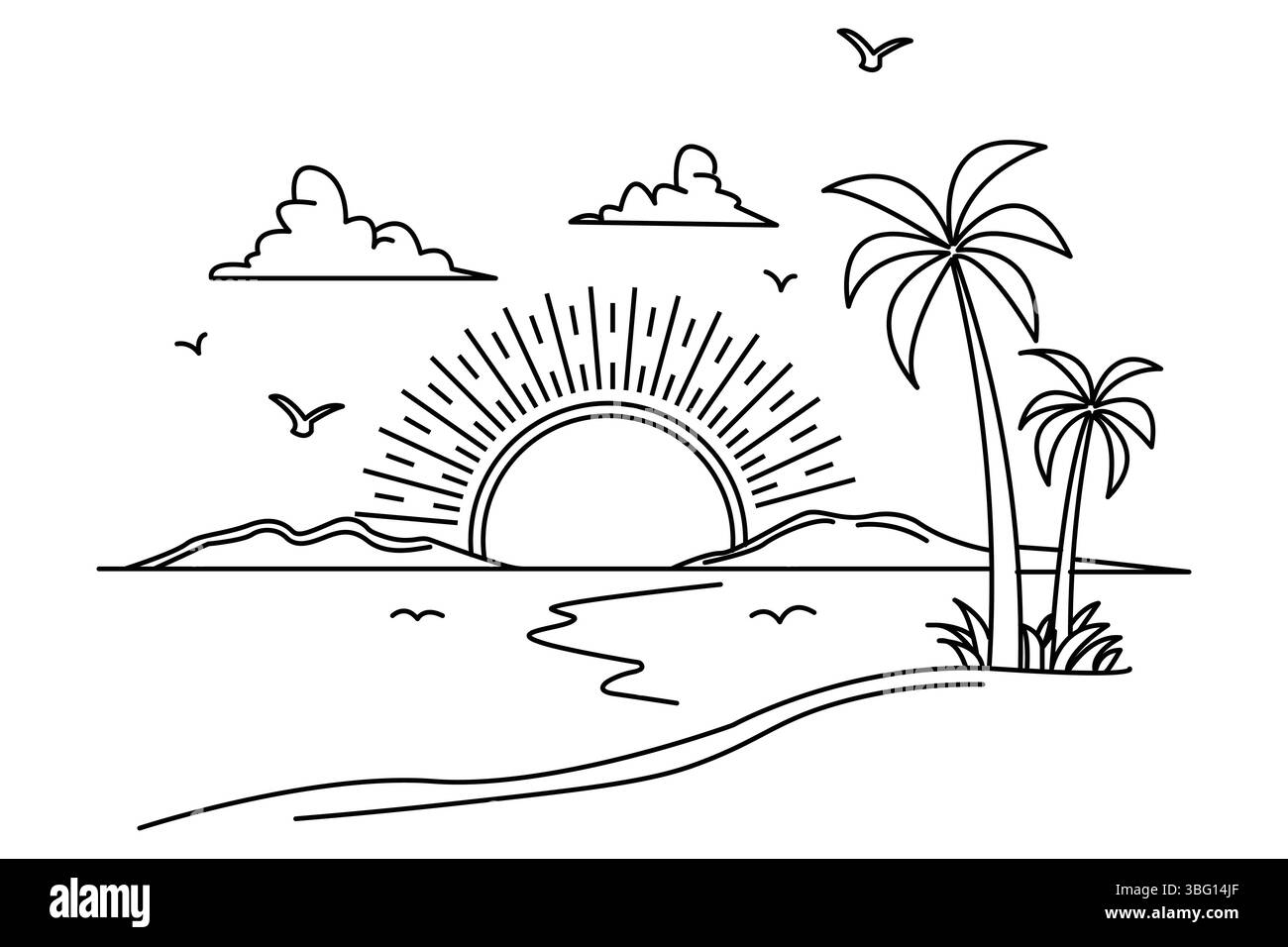 Tramonto, disegno continuo di una linea di splendidi paesaggi Illustrazione Vettoriale