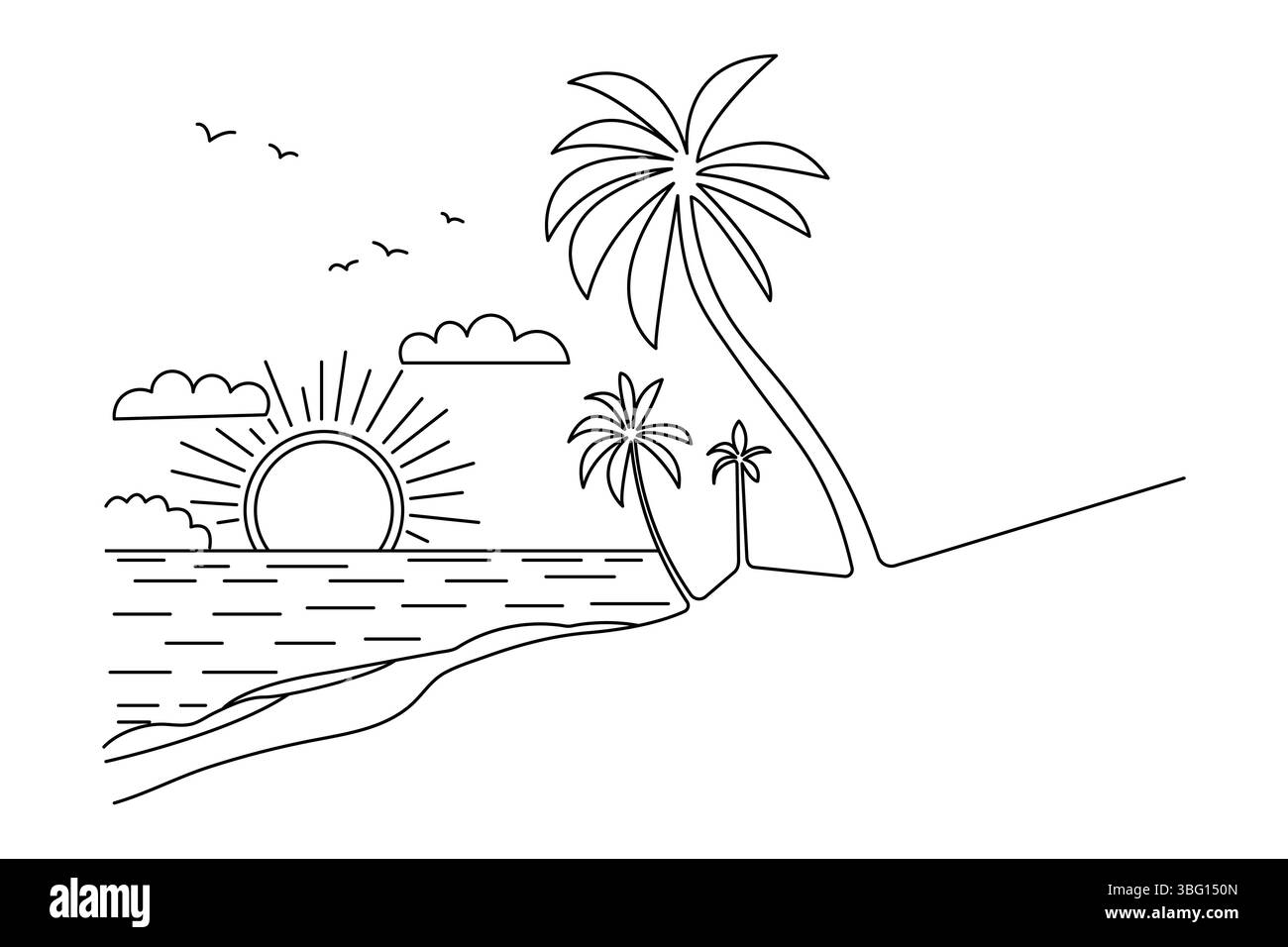 Tramonto, disegno continuo di una linea di splendidi paesaggi Illustrazione Vettoriale