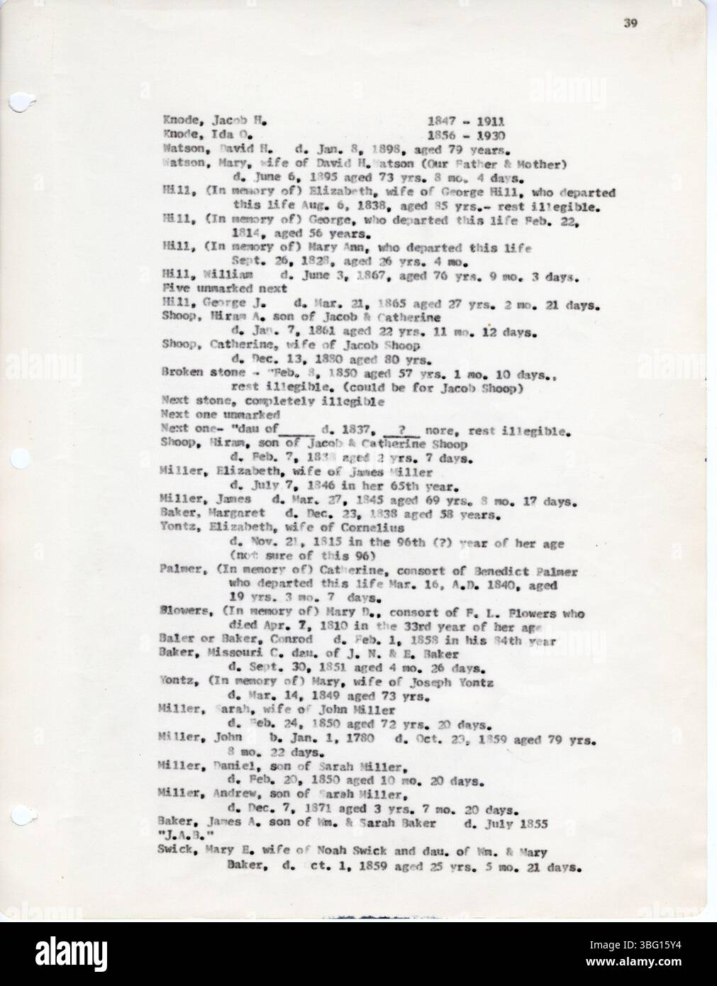 Una raccolta del 1966 di iscrizioni al cimitero della contea di Fairfield, Ohio, registrata da D. W. Denton nel 1963, include Graves in Pleasant, Richland, Walnut e Violet Townships. I cimiteri elencati sono Keller, Stevenson's/Camp Ground, Reid-Stoltz-Saum, New Salem M.E., Methodist Protestant, e piccolo cimitero familiare. Fa parte dei primi record vitali dell'Ohio da parte delle Daughters of the American Revolution. Foto Stock