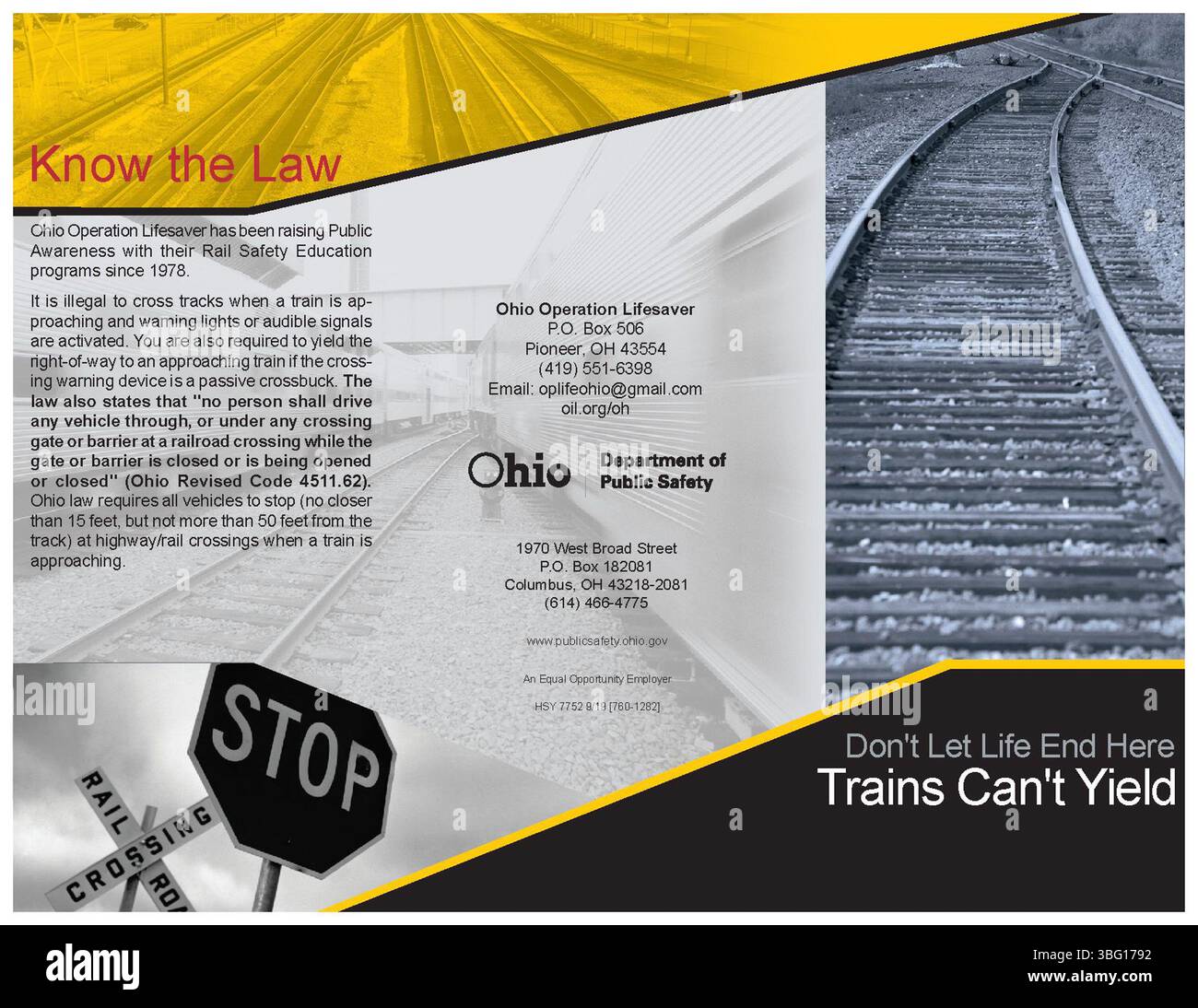 Questa brochure fornisce informazioni sulla sicurezza relative ai passaggi ferroviari, invitando i conducenti a evitare l'attraversamento di binari quando un treno si avvicina. Sottolinea l'importanza della sicurezza dei treni e della prevenzione degli incidenti negli incroci ferroviari. Pubblicato nel settembre 2019. Foto Stock Questa brochure fornisce informazioni sulla sicurezza relative ai passaggi ferroviari, invitando i conducenti a evitare l'attraversamento di binari quando un treno si avvicina. Sottolinea l'importanza della sicurezza dei treni e della prevenzione degli incidenti negli incroci ferroviari. Pubblicato nel settembre 2019. Foto Stock