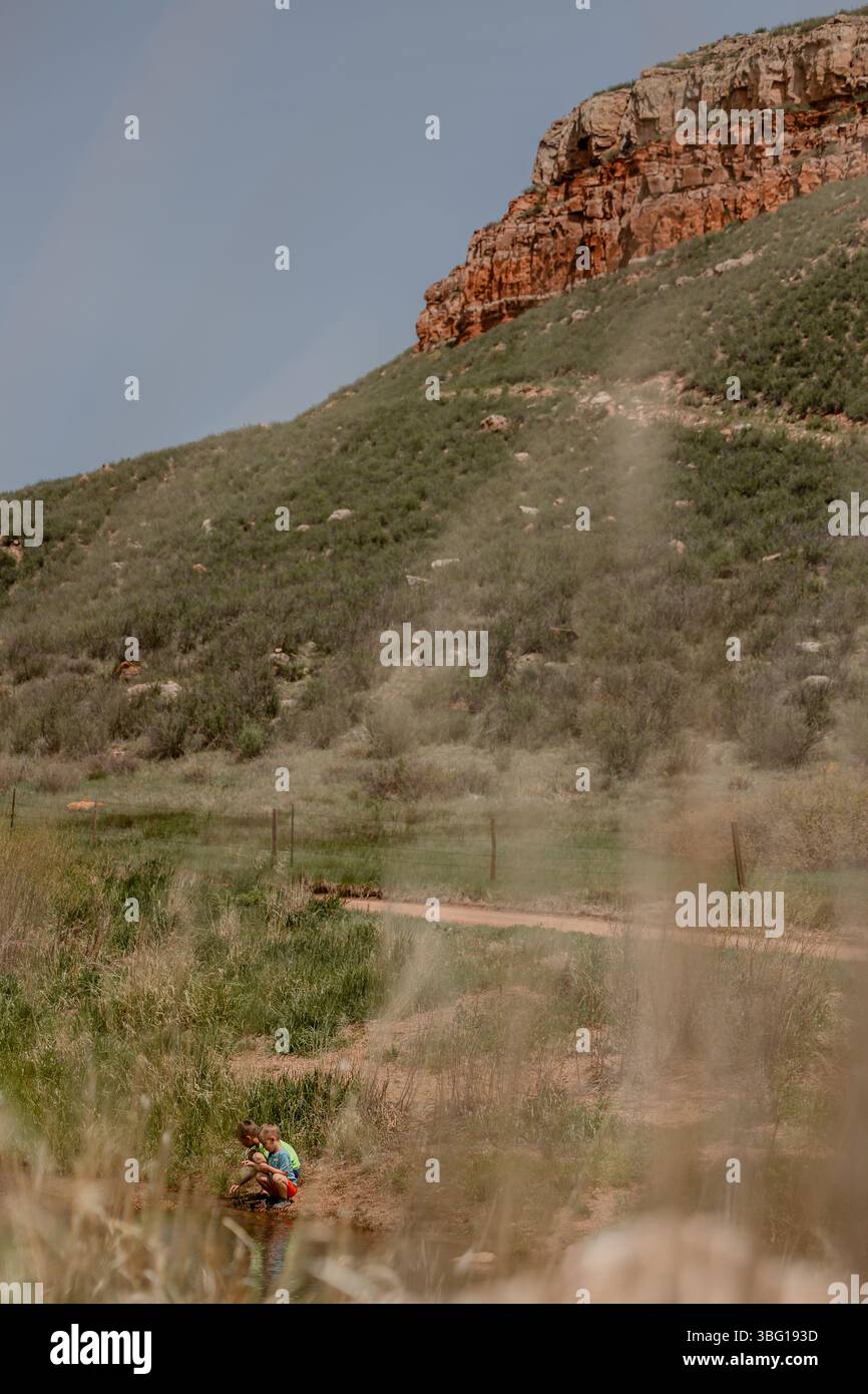 wyoming-landscape-famiglia-figli-madre-rocce-mucche-cavalli-campagna-cheyenne-wy-sole-pascolo Foto Stock