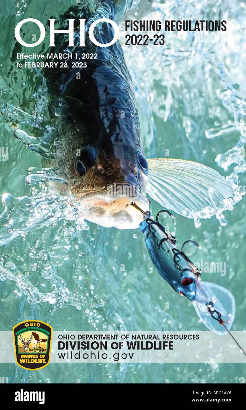 Le normative sulla pesca dell'Ohio vengono aggiornate ogni anno, fornendo linee guida essenziali sulle pratiche di pesca, i requisiti di licenza e la conservazione delle specie nello stato. I regolamenti garantiscono una pesca sostenibile e la protezione della vita acquatica. Foto Stock