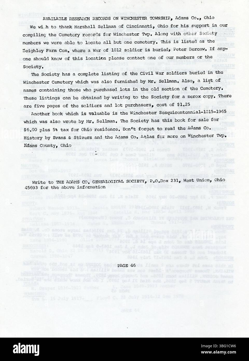 Questo volume del 1984 elenca cimiteri e registri di sepoltura per Winchester Township, Adams County, Ohio, documentando i siti delle tombe e le informazioni sulle sepolture. Foto Stock