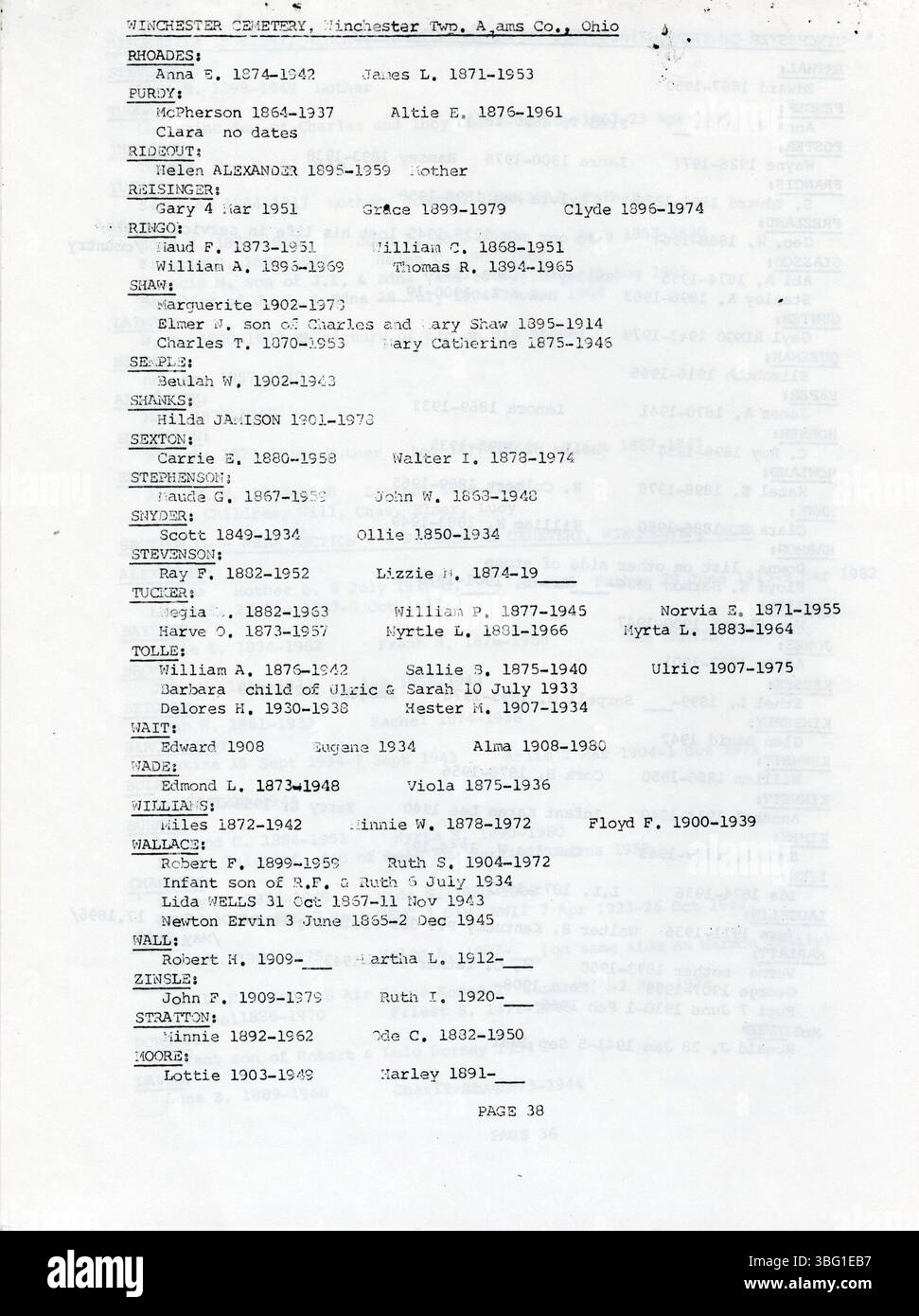 Questa pubblicazione del 1984 elenca cimiteri e registri di sepoltura per Winchester Township, Adams County, Ohio, con i dettagli sulle posizioni delle tombe e le sepolture all'interno dell'area. Foto Stock