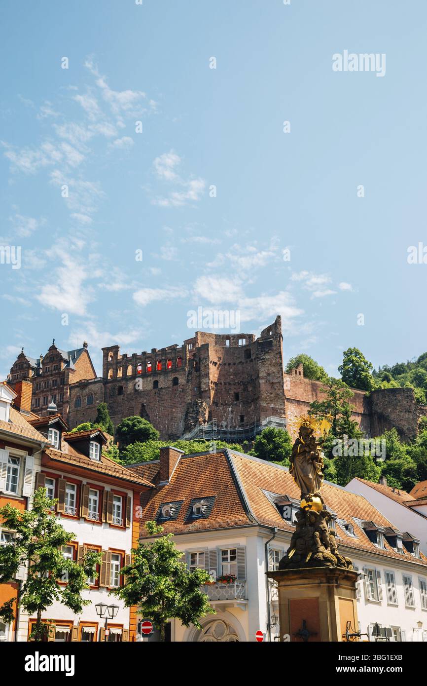Centro storico di Kornmarkt e castello di Heidelberg a Heidelberg, Germania, Europa Foto Stock