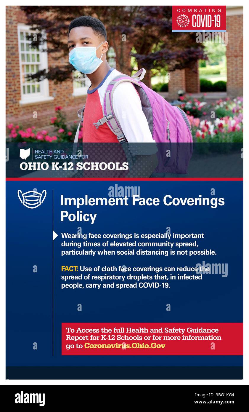 Questo documento strategico delinea le linee guida per le scuole K-12 dell'Ohio per attuare i protocolli di copertura del viso nell'ambito delle misure di salute e sicurezza dello Stato per combattere la COVID-19. Foto Stock