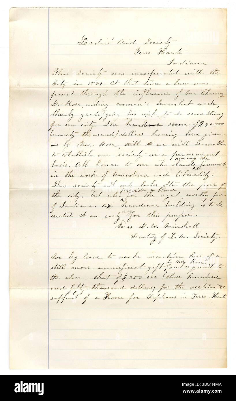 L'Indiana Charities Collection del 1876 contiene resoconti dettagliati di case di beneficenza in tutto lo stato, presentati dal Ladies Centennial Committee per la Centennial International Exposition. Questi rapporti includono informazioni su istituzioni come la casa degli orfani protestanti tedeschi e la casa di Indianapolis per donne amichevoli. Foto Stock