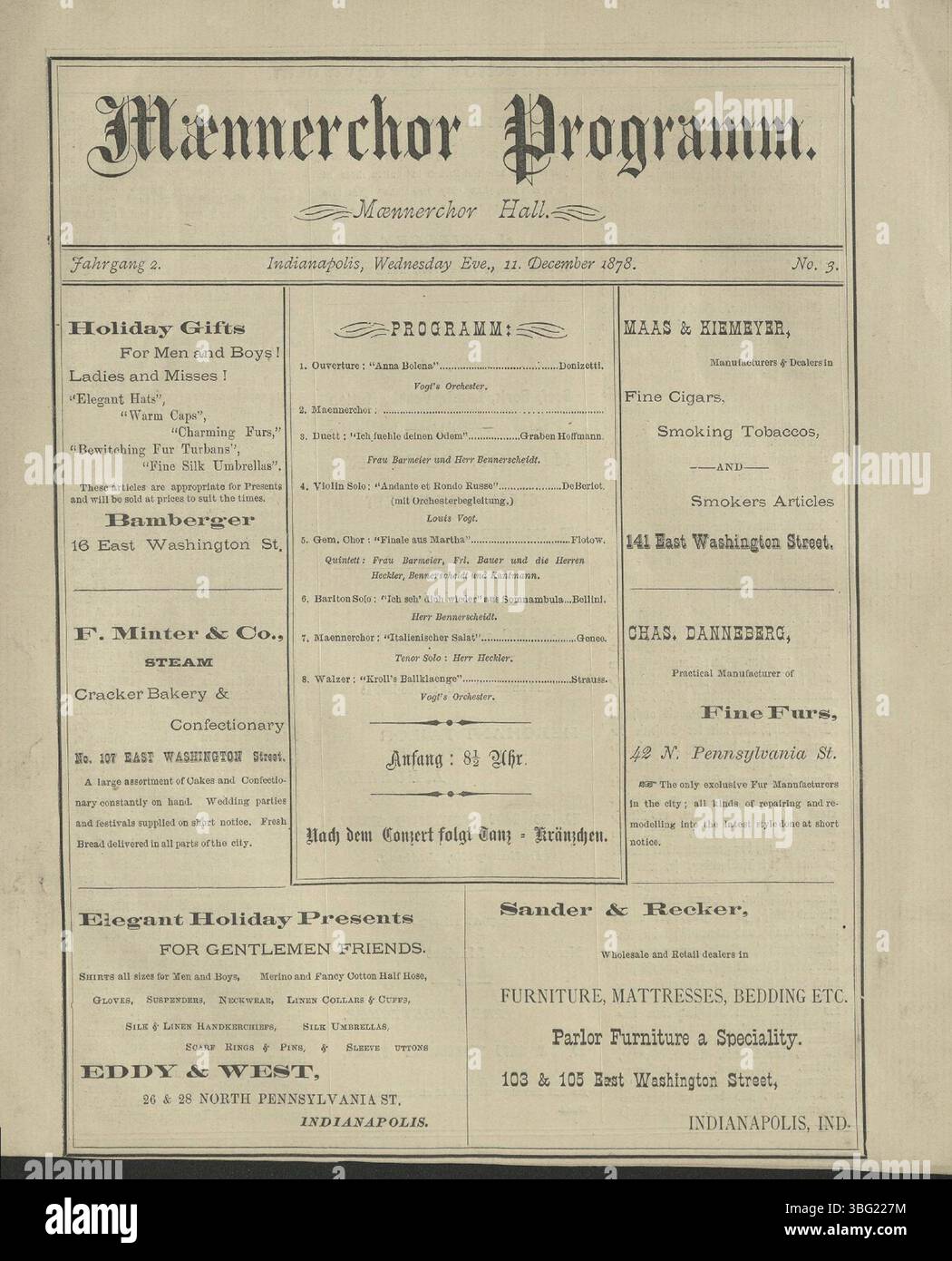 Il programma di Maennerchor dell'11 dicembre 1878 prevedeva un concerto serale presso la Old City Hall (337 E. Washington St.), fornendo un luogo in cui gli artisti locali potessero mostrare il loro talento. Foto Stock