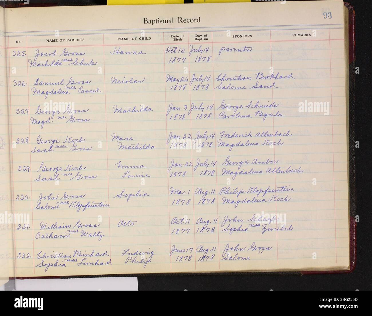 Il registro della Chiesa luterana di San Marco registra battesimi, matrimoni e funerali condotti dal 1835 al 1913. Questi atti, registrati in inglese, facevano parte della vita religiosa e civica di Clay Township, Auglaize County, Ohio. Foto Stock