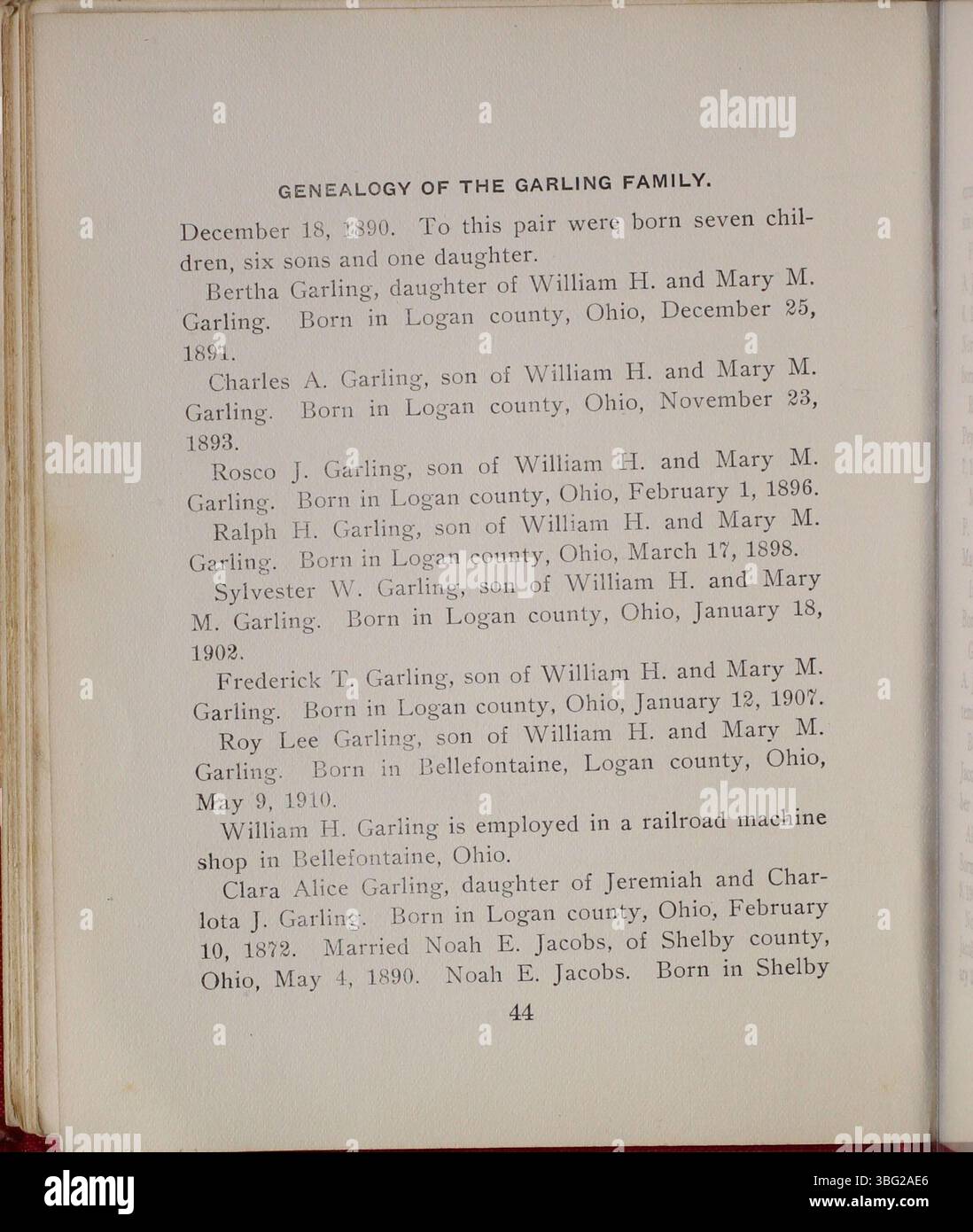 La pubblicazione del 1910 di Abraham Crider registra la genealogia della famiglia Garling, inclusi i membri della famiglia, il lignaggio e i dettagli storici. Foto Stock