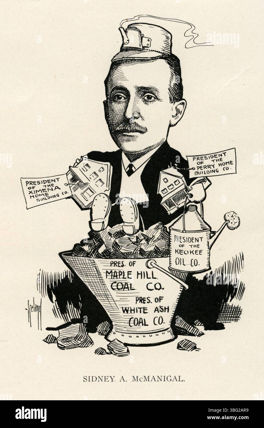Caricature di Sidney A. McManigal (1857-1935), presidente della W. J. Hamilton Coal Company. McManigal era sposato con Xemina Pratt. Questi ritratti risalgono al 1905 e al 1911. Foto Stock