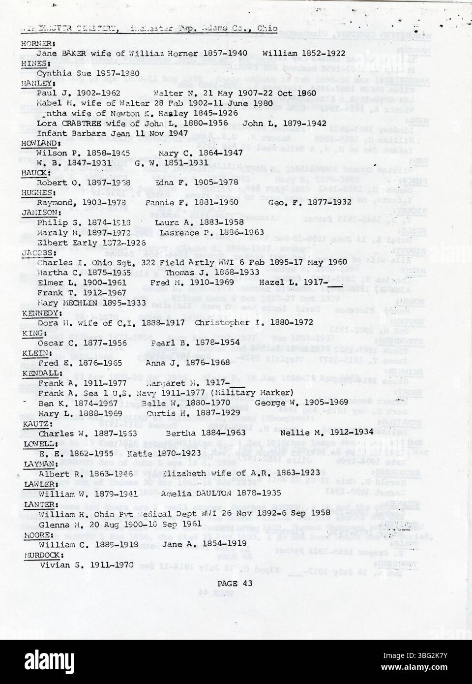Questa pubblicazione del 1984 fornisce un registro dei cimiteri e dei registri di sepoltura a Winchester Township, Adams County, Ohio, compresi i dettagli delle tombe e delle sepolture. Foto Stock