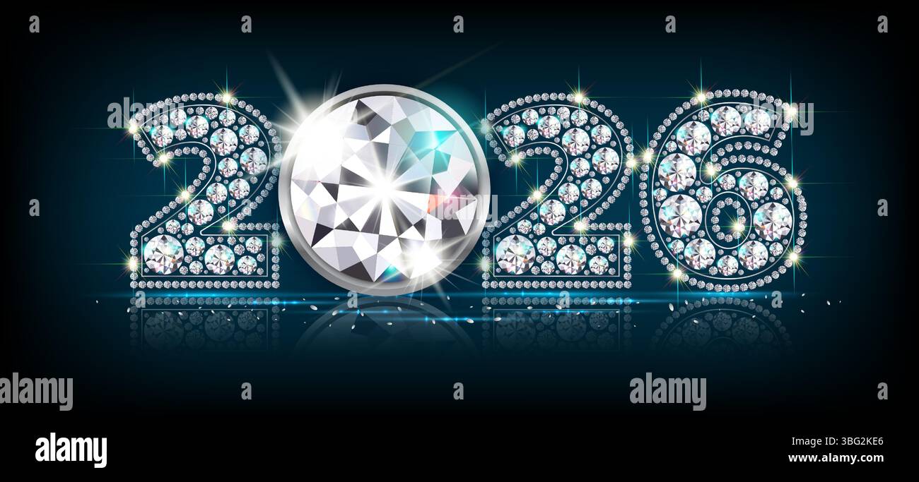 Numeri di pietre preziose di lusso per il nuovo anno 2026. Sfondo nero con bagliore blu, illustrazione vettoriale realistica 3D. Illustrazione Vettoriale