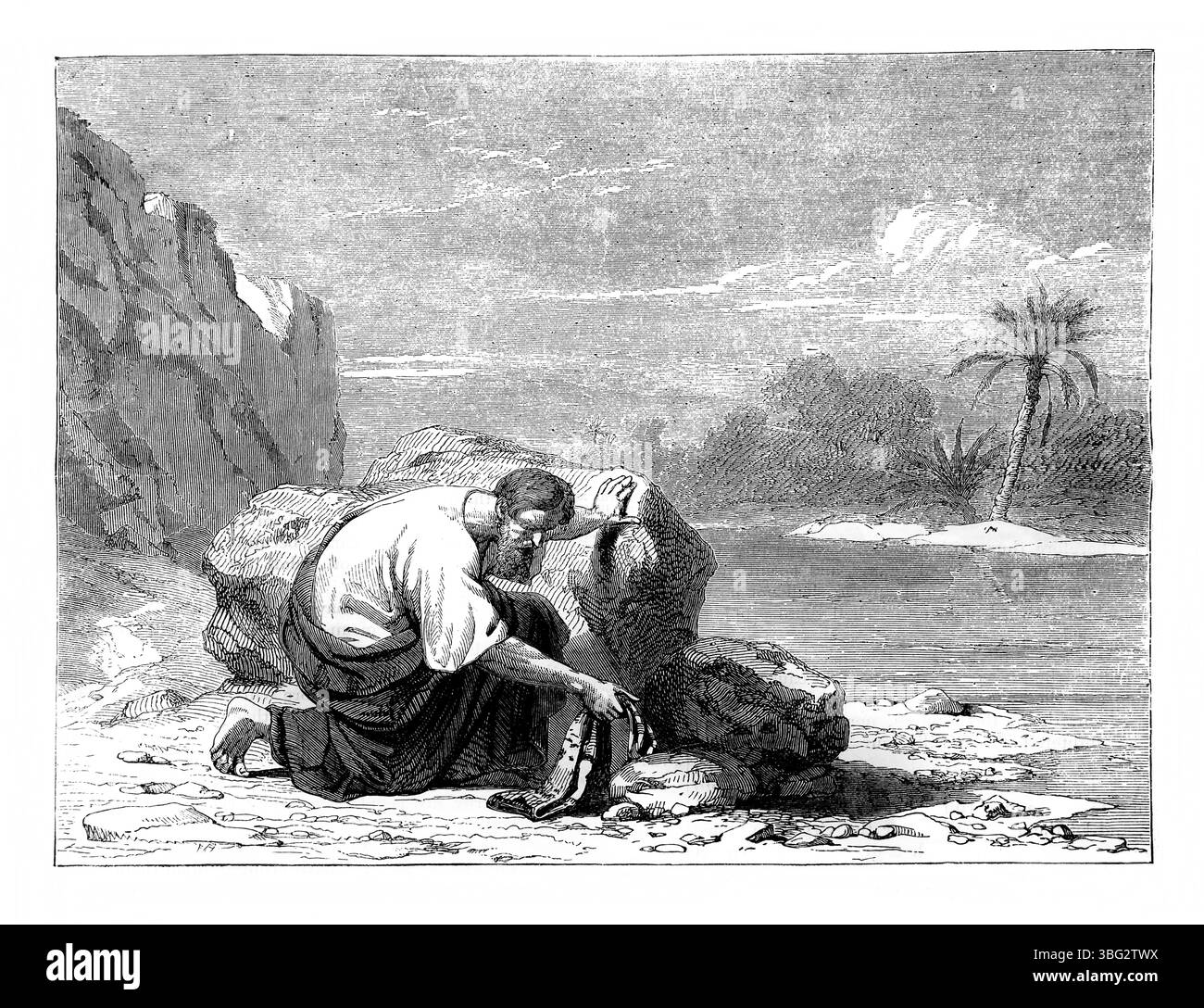 Illustrazione di Geremia che nasconde la cintura nella fessura delle rocce sul fiume Eufrate (Geremia XIII 1-7) dall'Antica Bibbia del XIX secolo Foto Stock