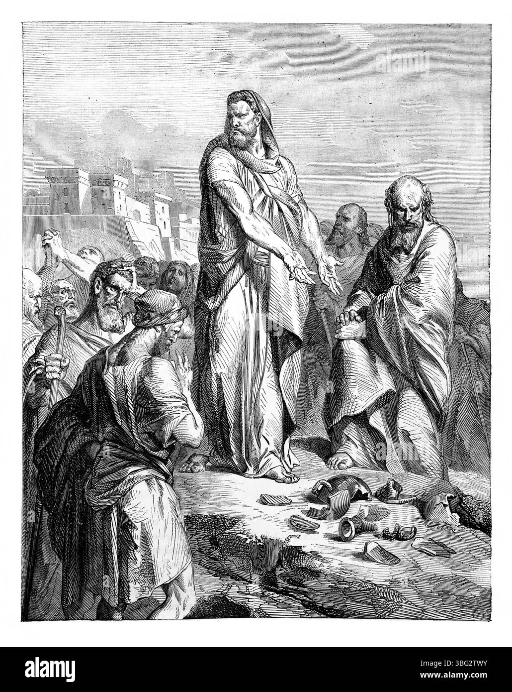 Illustrazione di Geremia che rompe il vaso di vascelli profetizza nella valle di Tophet (Geremia XIX 1-7) dall'Antico XIX secolo la Sacra Bibbia cont Foto Stock
