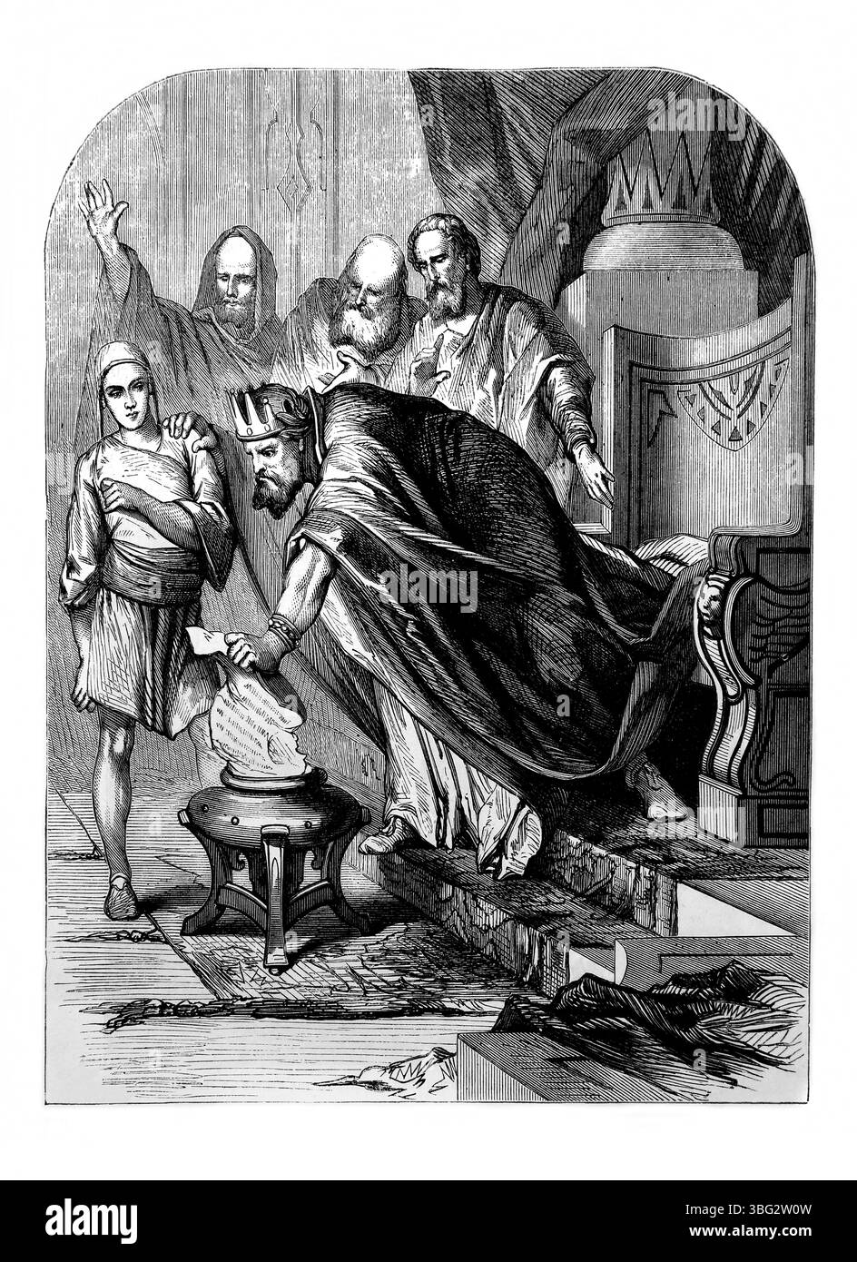 Illustrazione di Jehoiakim che mutilava il rotolo della legge (geremia XXXVI) .- Jehoiakim re di Giuda prendendo il rotolo da Jehudi tagliandolo con un coltello e gettandolo nella fossa del fuoco dell'Antico XIX secolo la Sacra Bibbia contenente l'Antico e il nuovo Testamento con note esplicative, riferimenti e una concordanza condensata pubblicata da Cassell, Petter & Galpin Foto Stock