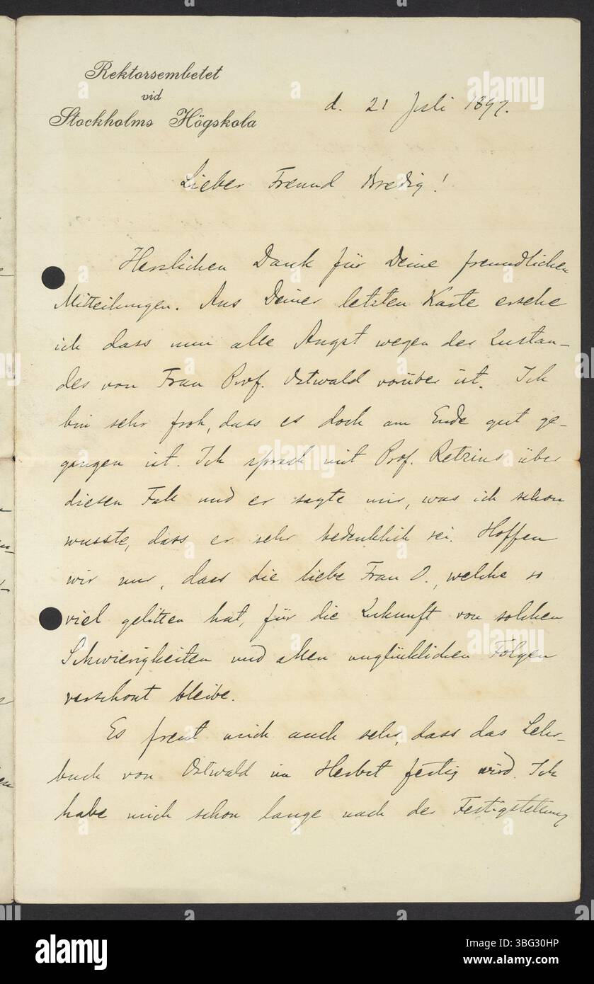 Svante Arrhenius (1859-1927) scrive a Georg Bredig (1868-1944) su questioni personali e professionali. La lettera parla di colleghi chimici come Richard Abegg, Walther Nernst e Friedrich Wilhelm Ostwald, e include una grande donazione all'Università di Stoccolma da parte di Johan Wilhelm Smitt. Foto Stock