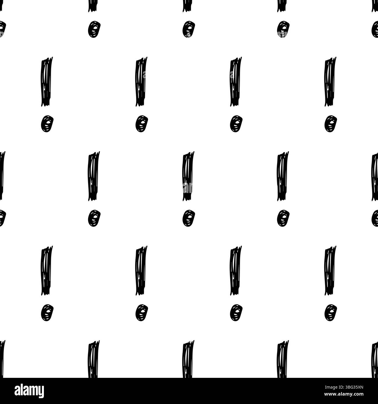 Motivo senza cuciture con il simbolo del punto esclamativo disegnato a mano. Simbolo del punto esclamativo nero dello schizzo su sfondo bianco. Illustrazione vettoriale Illustrazione Vettoriale