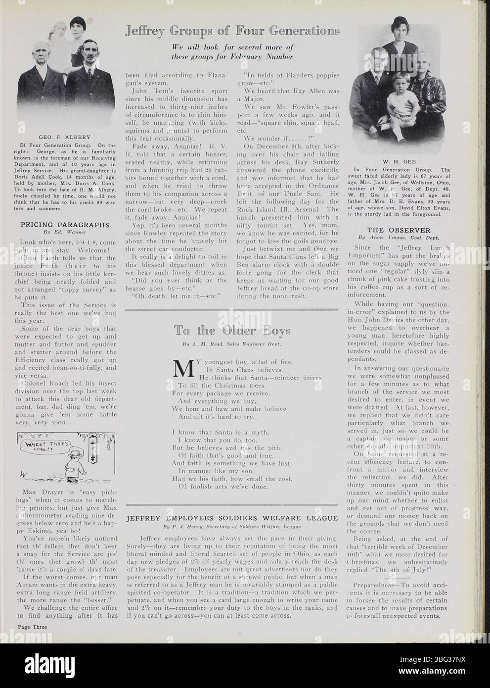 L'edizione 1917-1918 della rivista Jeffrey Service, un periodico della Jeffrey Company, ha trattato argomenti relativi alle attrezzature minerarie, ai dipendenti e agli eventi sociali. Ha fornito ai lettori fotografie e storie sui lavoratori dell'azienda e le loro famiglie. Con l'inizio della prima guerra mondiale, gran parte della pubblicazione era dedicata all'arruolamento militare e alle notizie di guerra, evidenziando l'impatto della guerra sulla comunità. Foto Stock