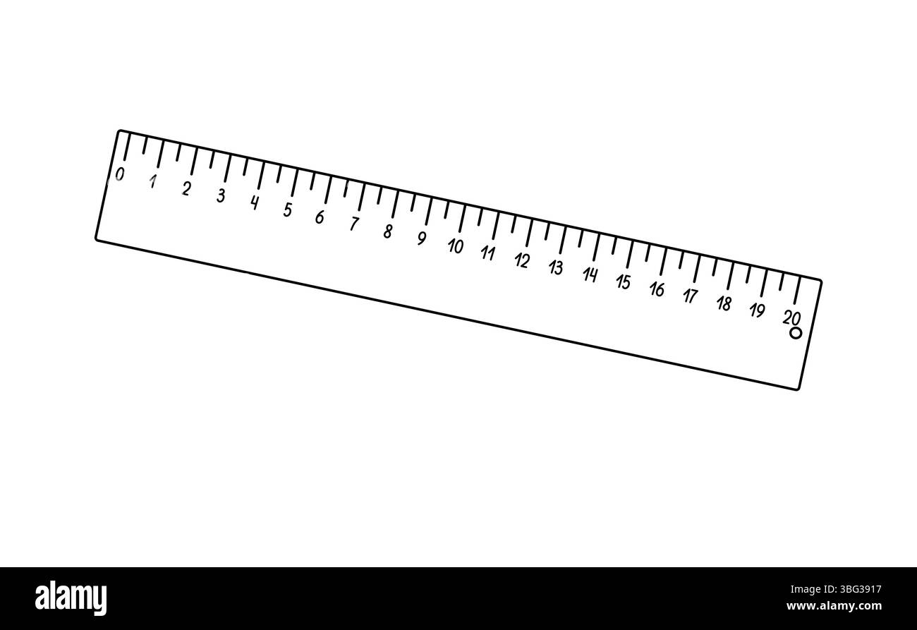 Strumento di misurazione del righello scolastico per lezioni di matematica illustrazione vettoriale disegnata a mano, oggetto vocabolario Back to School, immagine lineare del cartone animato in scala centimetrica Illustrazione Vettoriale